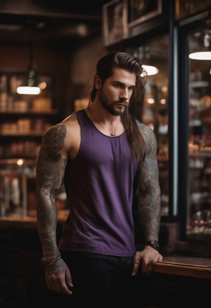 Human male , long brown hair with grey stripes , purple eyes , a small beard , black tank top , has tattoes , standing in a shop