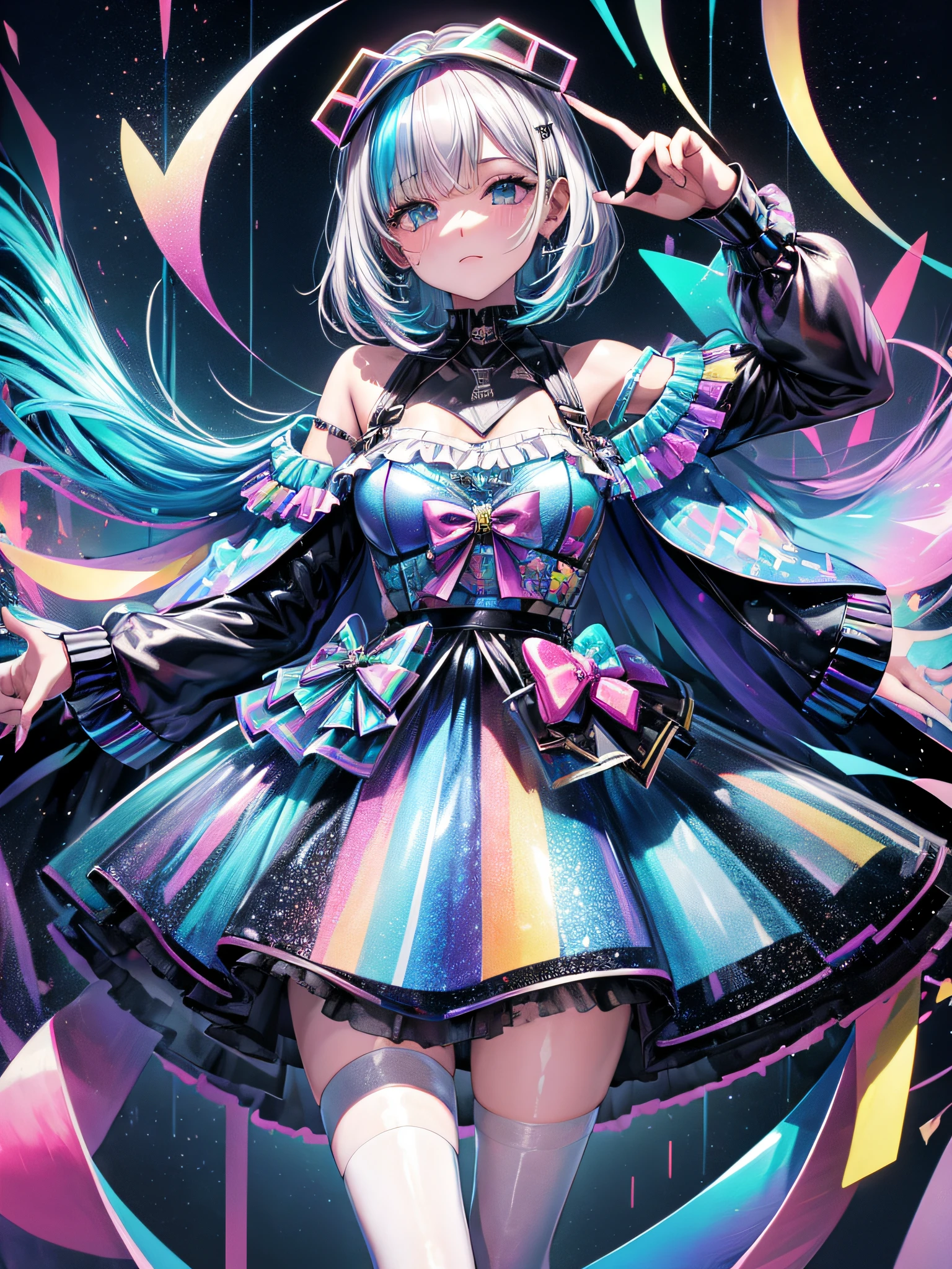 roupas de PVC de cor transparente, roupas de vinil de cor transparente, prismatic, Holographic, chromatic aberration, fashion illustration, master part, menina com moda harajuku, Olhando para o Viewer, 8k, ultra detalhado, Pixiv