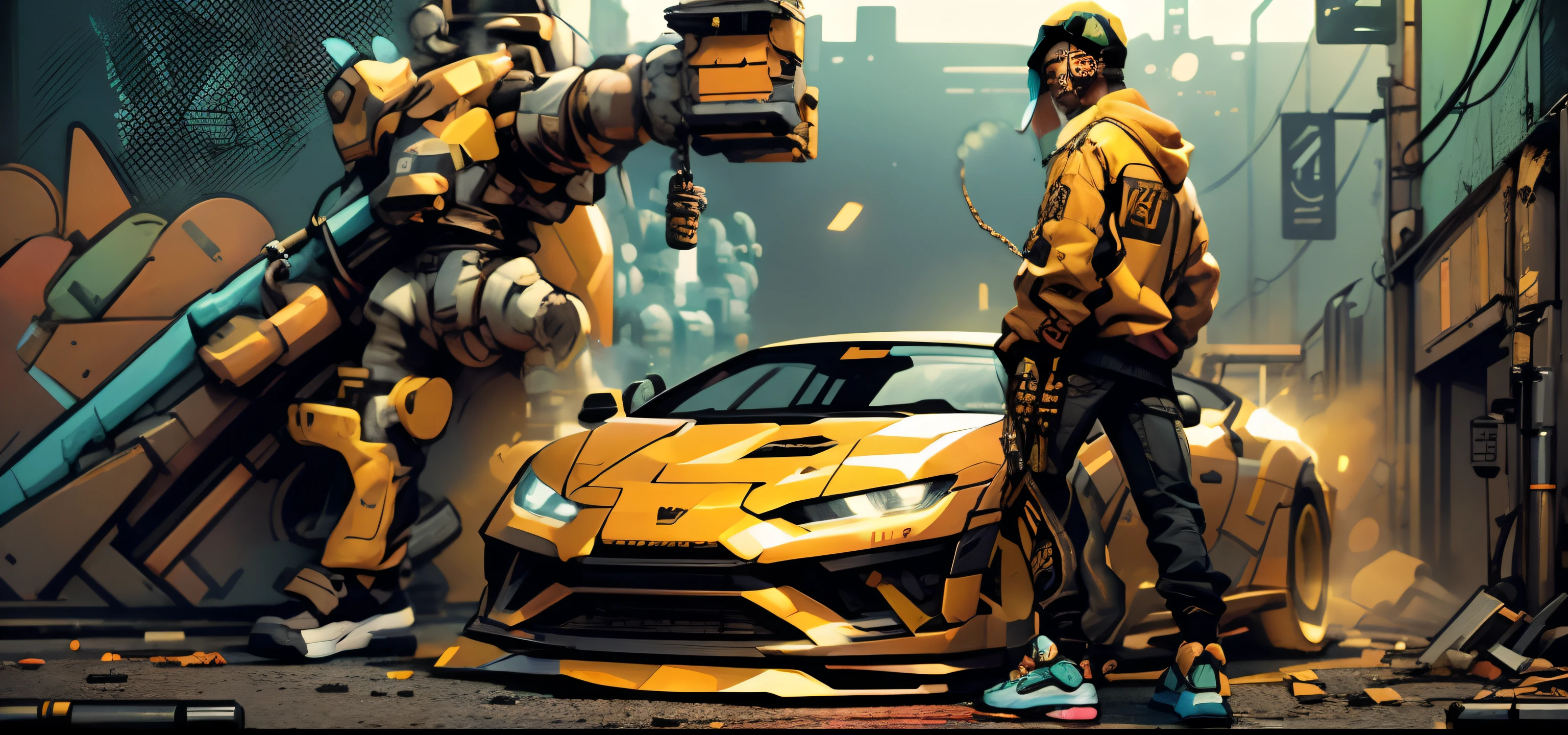 A photorealistic urban scene of a young man with a tough expression standing on a grimy inner city street next to a customized lowrider bouncing on hydraulic pumps. The man has edgy streetwear fashion - baggy jeans, chains, snapback cap, sneakers - and a glowing holographic wrist computer. Graffiti tags and vibrant murals cover the brick walls behind him. To his other side stands a humanoid robot wearing oversized gold chains, with a bionic infrastructure visible underneath its parts and wires wrapped in caution tape. A pulsing hip hop beat drives the scene's energy. Overhead drone footage captures the duo from dynamic angles with cinematic lighting. Every detail pops in hyperrealistic clarity - rusted fire escapes, broken bottles on the ground, the daily hustle of the streets. The cyberpunk vibe mixes seamlessly with hip hop culture for a unique take on sci-fi.