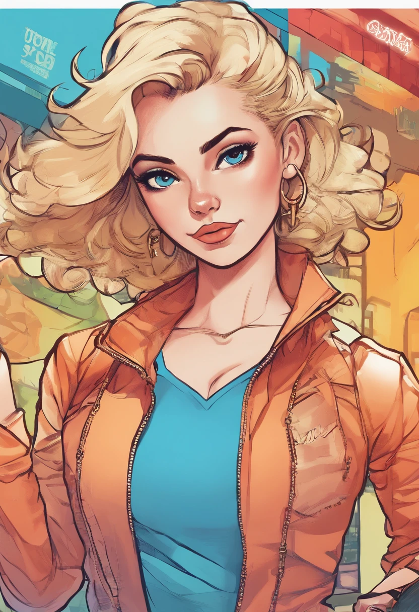 Cover photo of a 25-year-old Brazilian woman, pointing at camera, cheveux blonds, serious, (amazing skin detail: 1.4), (peau naturelle: 1.2), (Pores: 0.6), Makeup, (Detailed light blue eyes: 1.2), fond noir, fond ville, Light border, dark atmosphere, (Bokeh: 1.2), photographie, cinematic, photoreallistic, ultrarealistic, fille en forme, Silhouette parfaite, (gros sein), (Sexy fur tank top outfit)