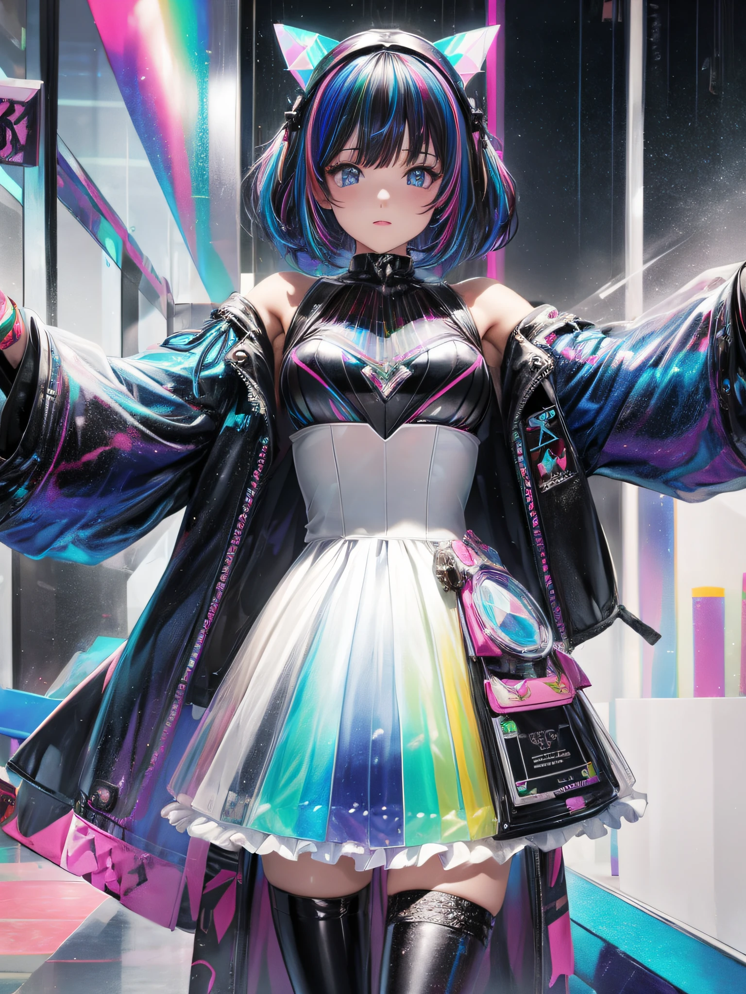 roupas de PVC de cor transparente, roupas de vinil de cor transparente, prismatic, Holographic, chromatic aberration, fashion illustration, master part, menina com moda harajuku, Olhando para o Viewer, 8k, ultra detalhado, Pixiv