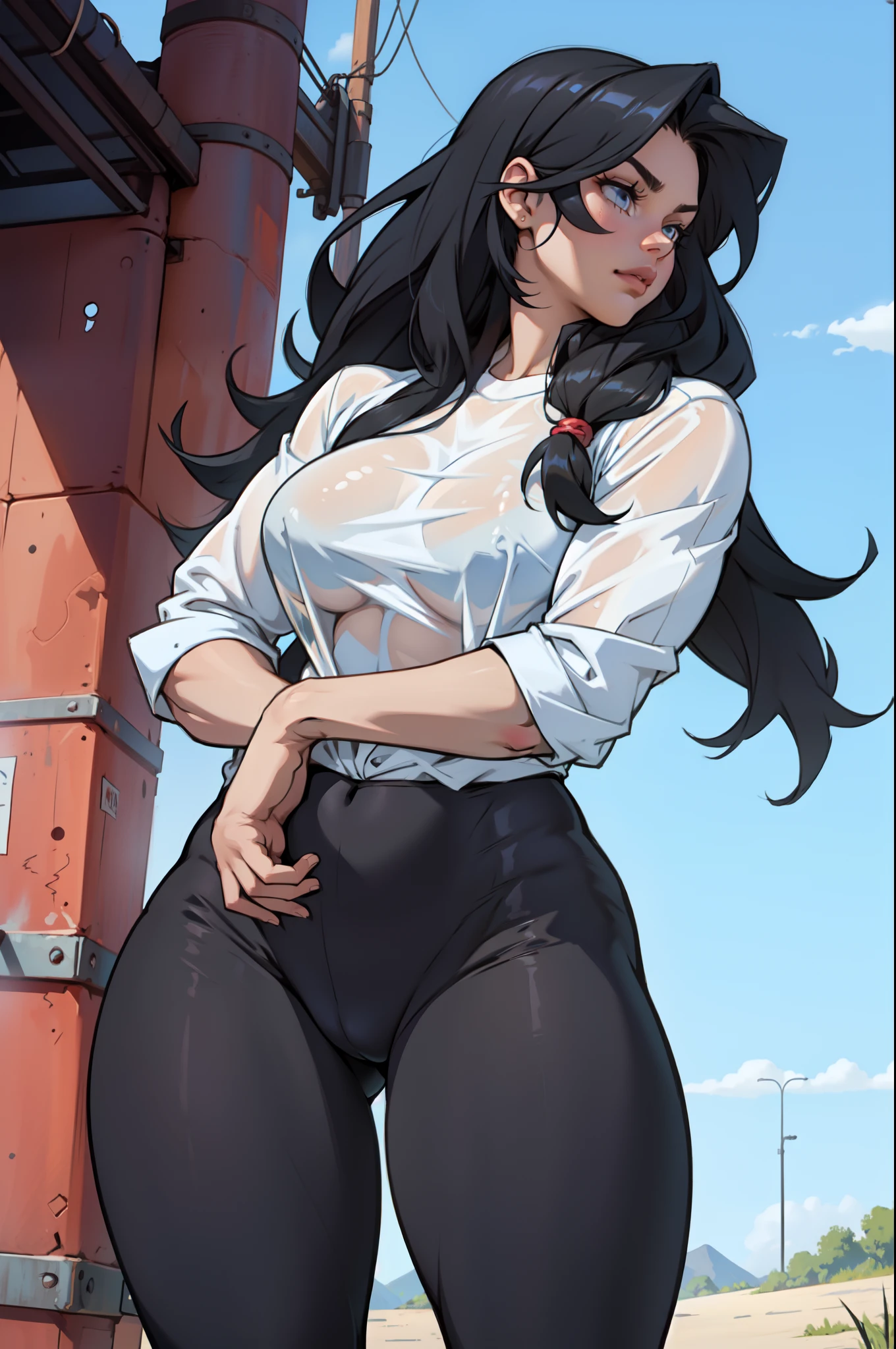 extremely long hair perfect anatomy 1 girl tall solo curvy (muscular) tight shirt leggings cowboy shot see-through