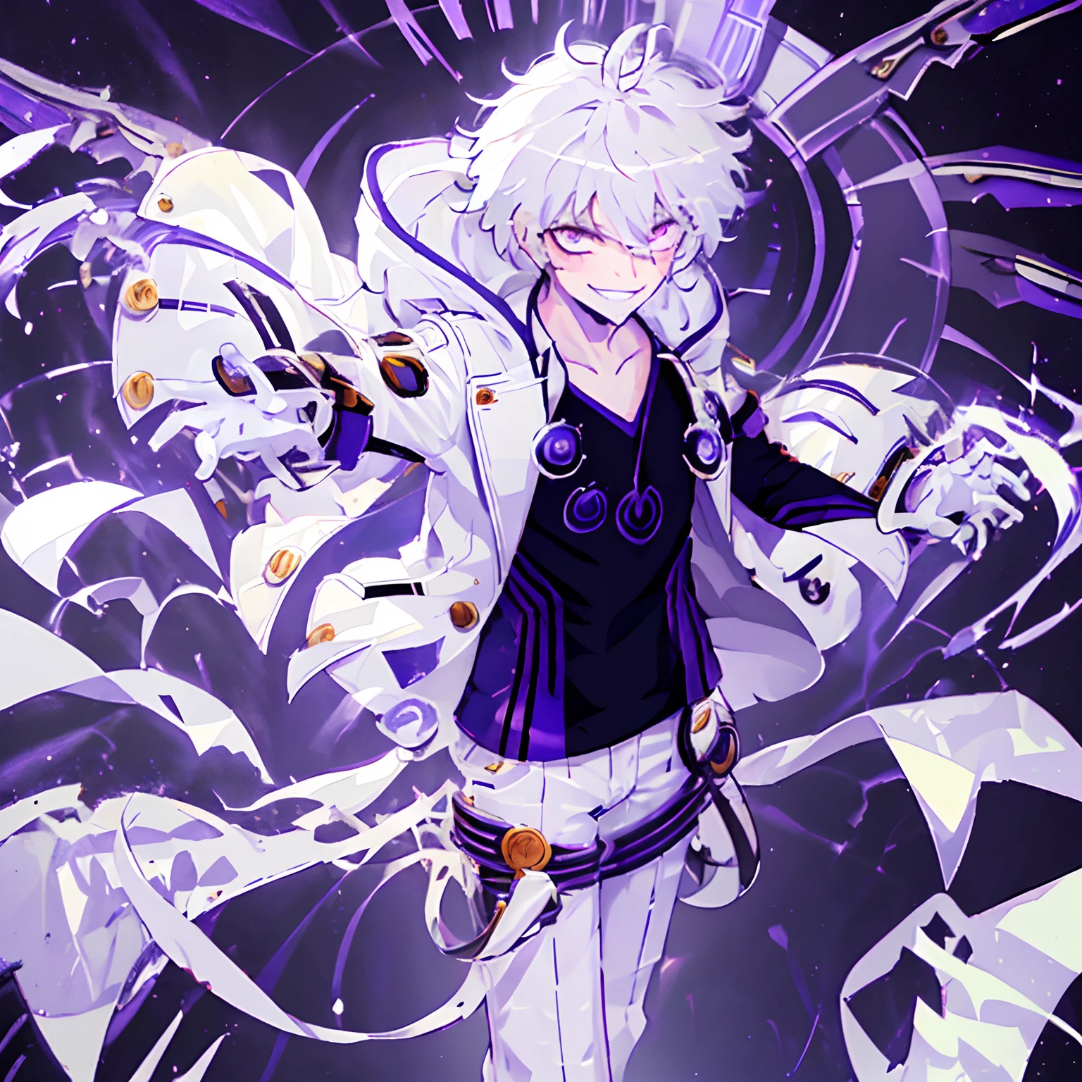 ((masterpiece, best quality)),(complex light),1boy, solo , Edward Grenore ,  fighting stance, 1boy, male focus, solo, white gloves, purple eyes, white hair, jacket, shirt, white pants, smile, grin, belt, full body, hand in pocket, white gloves, black shirt, white jacket  , purple eye-trail,