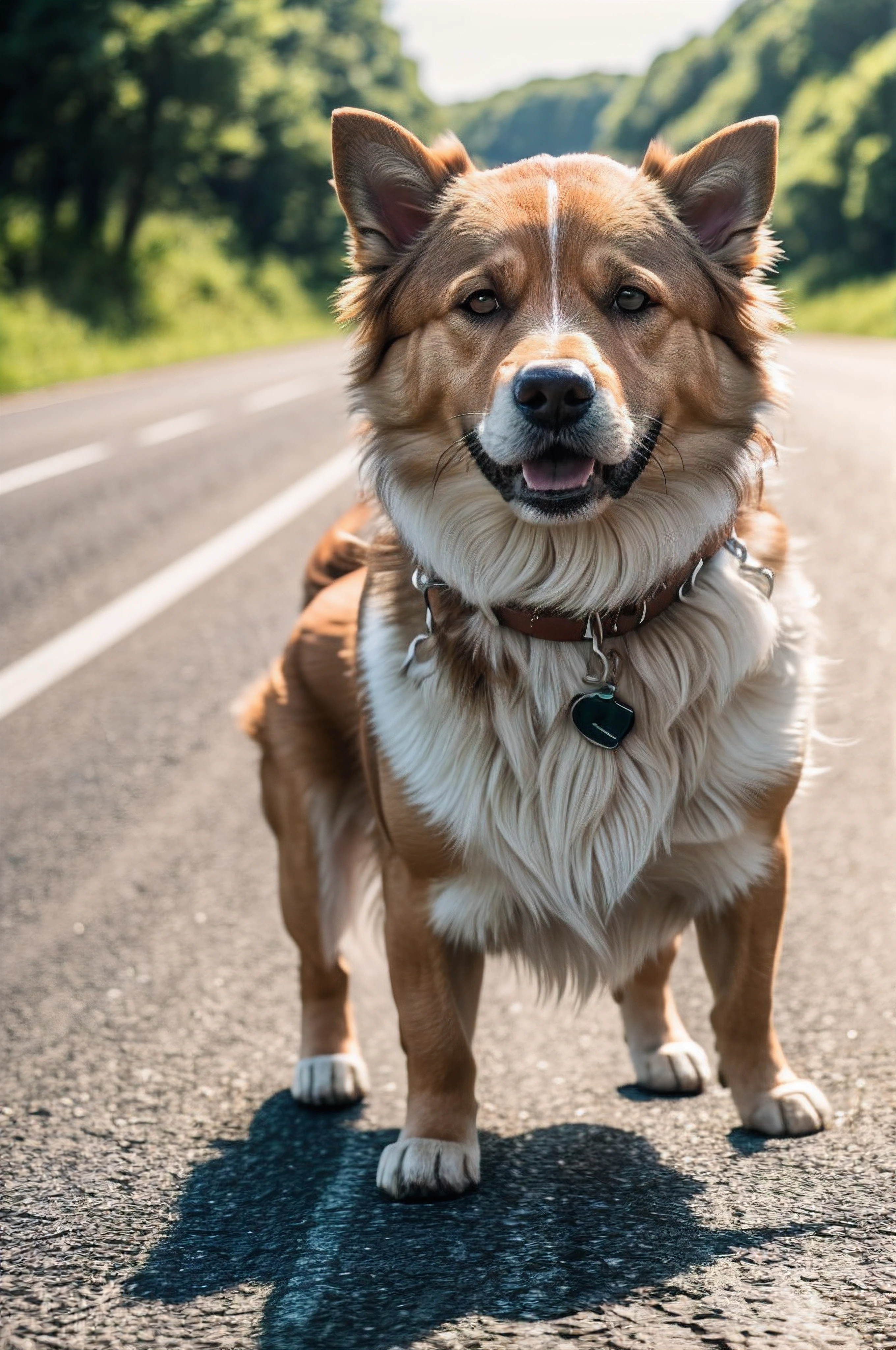 hihg quality, high detailed, RAW photo, dog on the road, summer, the sun is shining, scattered light, high details of the environment and nature, sharp photo, high fur details.