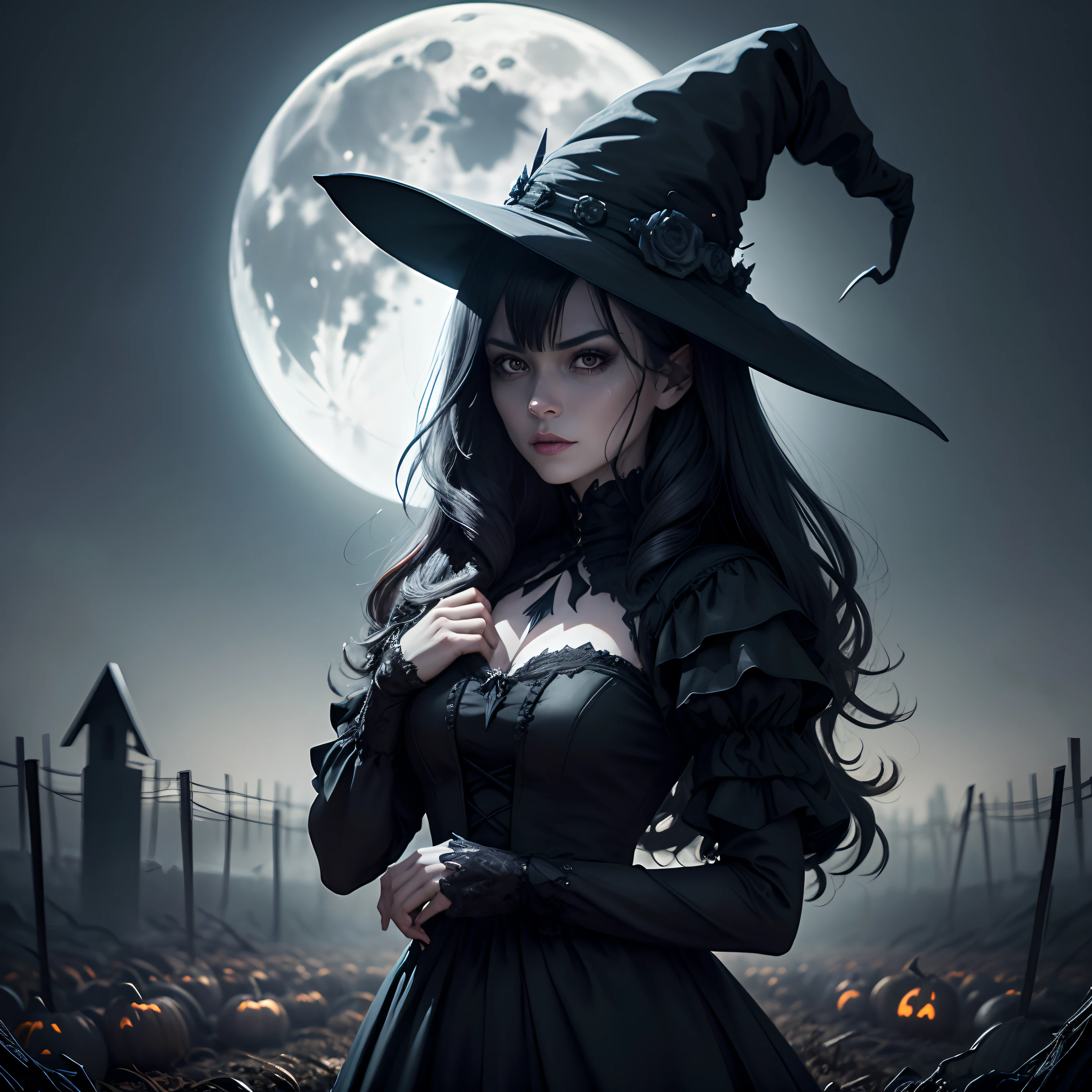 **dark sinister Julie Lagier, evil creepy scary Holloween Witch styled Figures made Of piezoelectric tape, uplift, downlit, and rim lighting, night very dark haunted farmland with moon in background --ar 9:16 --s 750 --v 5.2