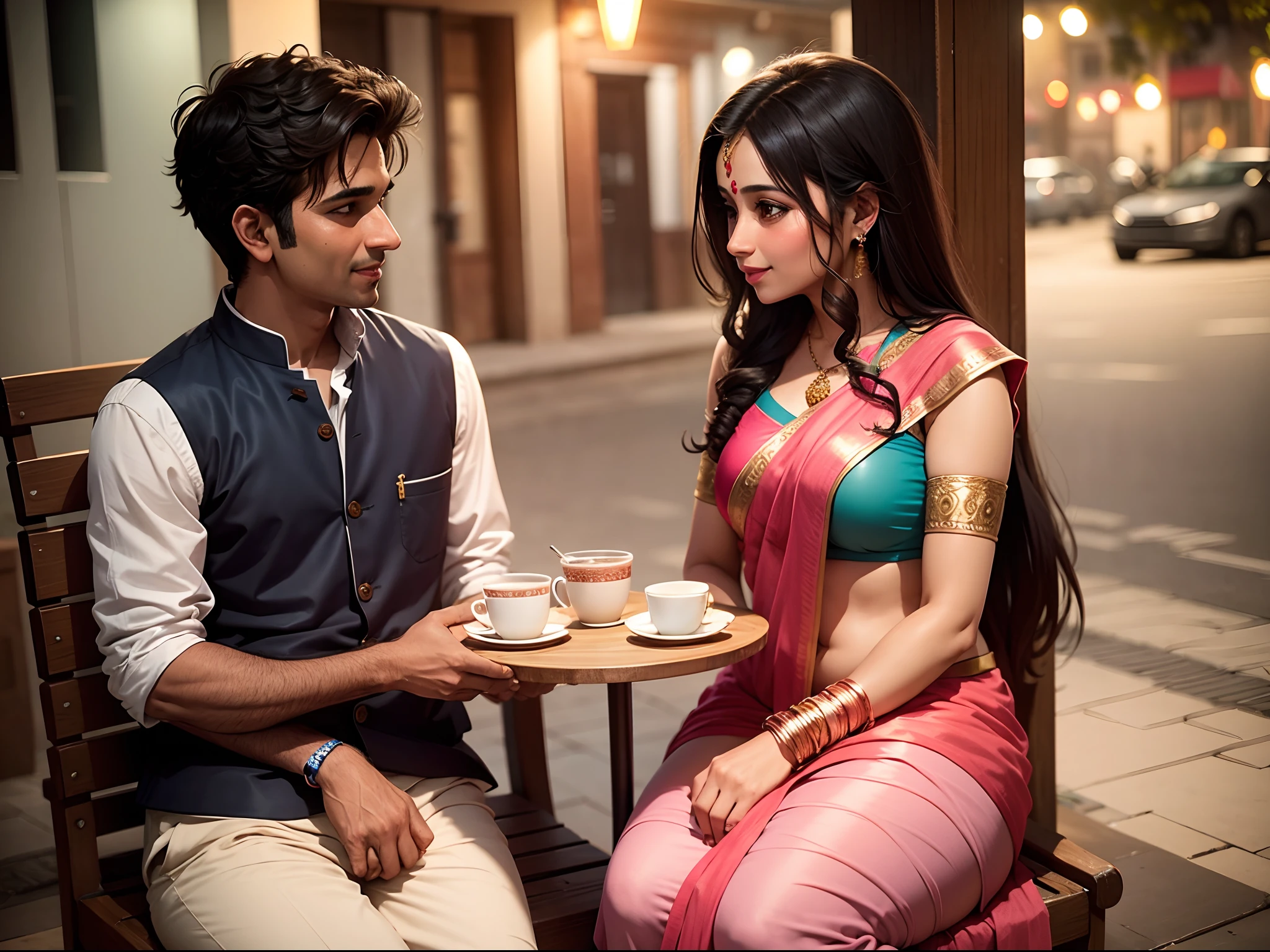 indian couple on a date looking at each other and blushing