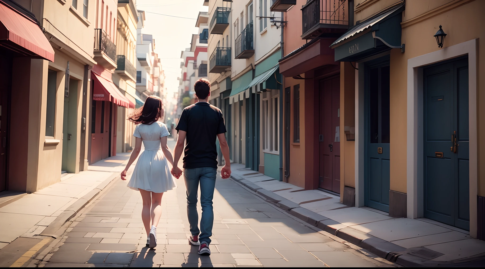 Cartoon couples walking in a emoty street holding hands