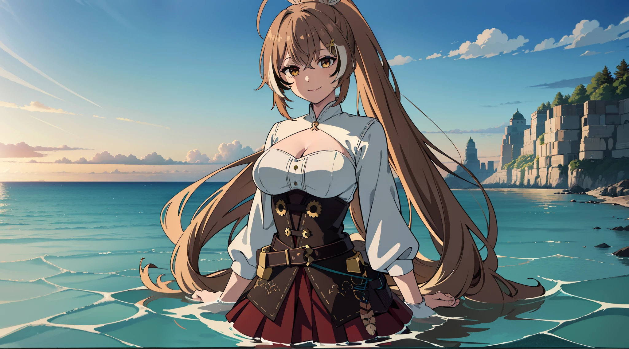 2D, HD, Detailed details, Detailed landscapes, beautiful lights, Beautiful Shadows, top-quality, Highly detailed, masterpiece, best quality, highres, aamumei, long hair, ponytail, ahoge, multicolored hair, feather hair ornament, hairclip, white shirt, brown corset, red skirt, mini breasts, closed mouth, smile, looking at viewer, highly detailed hands, highly detailed eyes, cleavage, Perfect hands, ((highly detailed face)), full body, anime styled, blue sky, sky background, arms behind back, walk on water, sea, backdrop of dawn, horizon, Saturn in the background, wet clothes, ((perfect face))