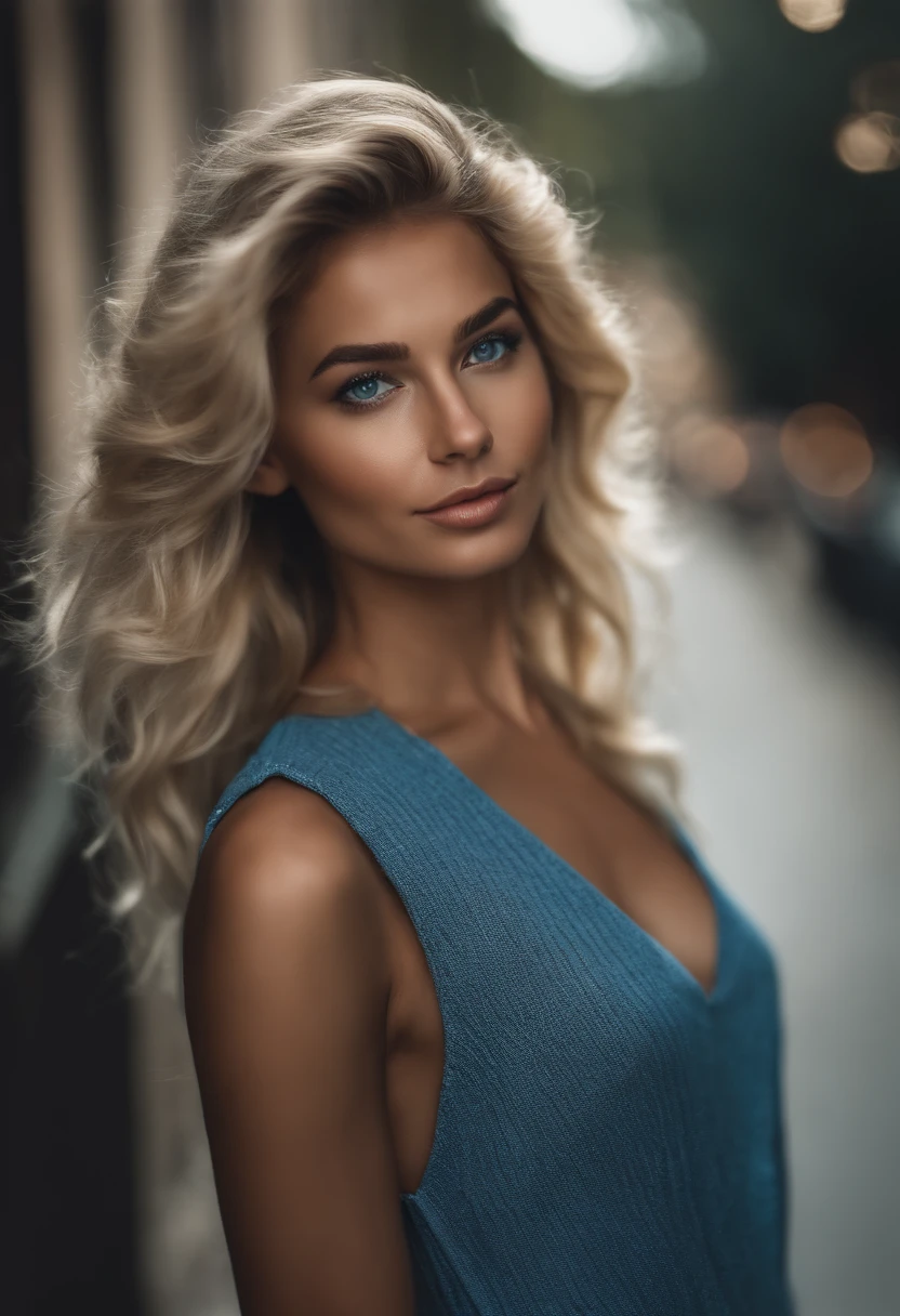 Cover photo of a 25-year-old Brazilian woman, pointing at camera, cheveux blonds, serious, (amazing skin detail: 1.4), (peau naturelle: 1.2), (Pores: 0.6), Makeup, (Detailed light blue eyes: 1.2), fond noir, fond ville, Light border, dark atmosphere, (Bokeh: 1.2), photographie, cinematic, photoreallistic, ultrarealistic, fille en forme, Silhouette parfaite, (gros sein), (Sexy fur tank top outfit)