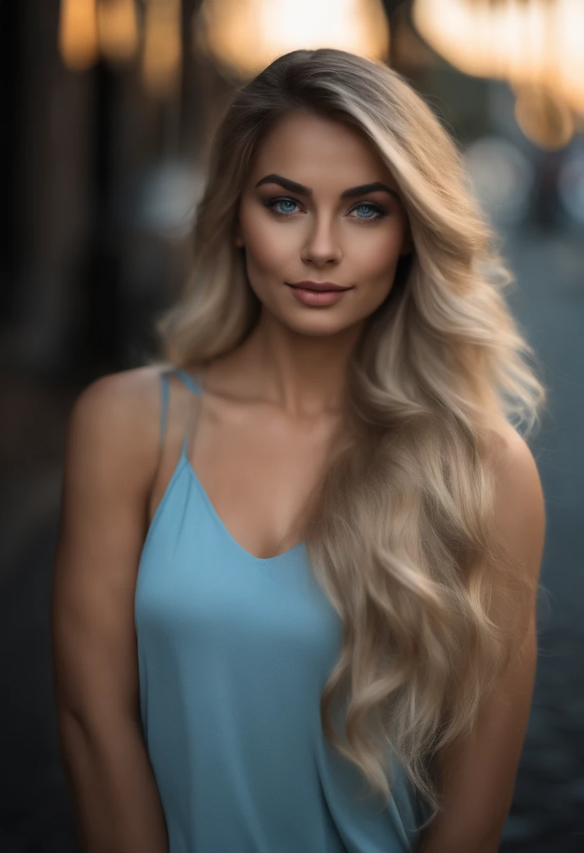 Cover photo of a 25-year-old Brazilian woman, pointing at camera, cheveux blonds, serious, (amazing skin detail: 1.4), (peau naturelle: 1.2), (Pores: 0.6), Makeup, (Detailed light blue eyes: 1.2), fond noir, fond ville, Light border, dark atmosphere, (Bokeh: 1.2), photographie, cinematic, photoreallistic, ultrarealistic, fille en forme, Silhouette parfaite, (gros sein), (Sexy fur tank top outfit)
