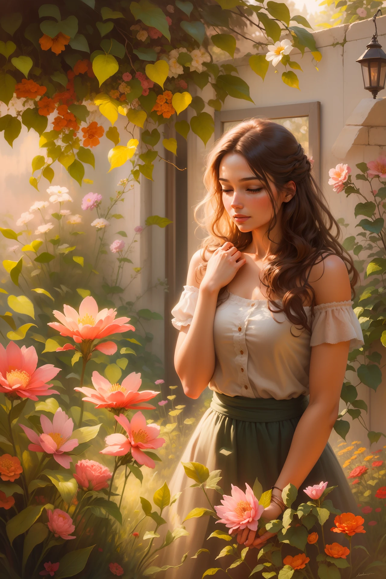 A beautiful woman in a garden, (realistic:1.2), warm colors, natural lighting, oil painting style, detailed flowers, peaceful atmosphere.