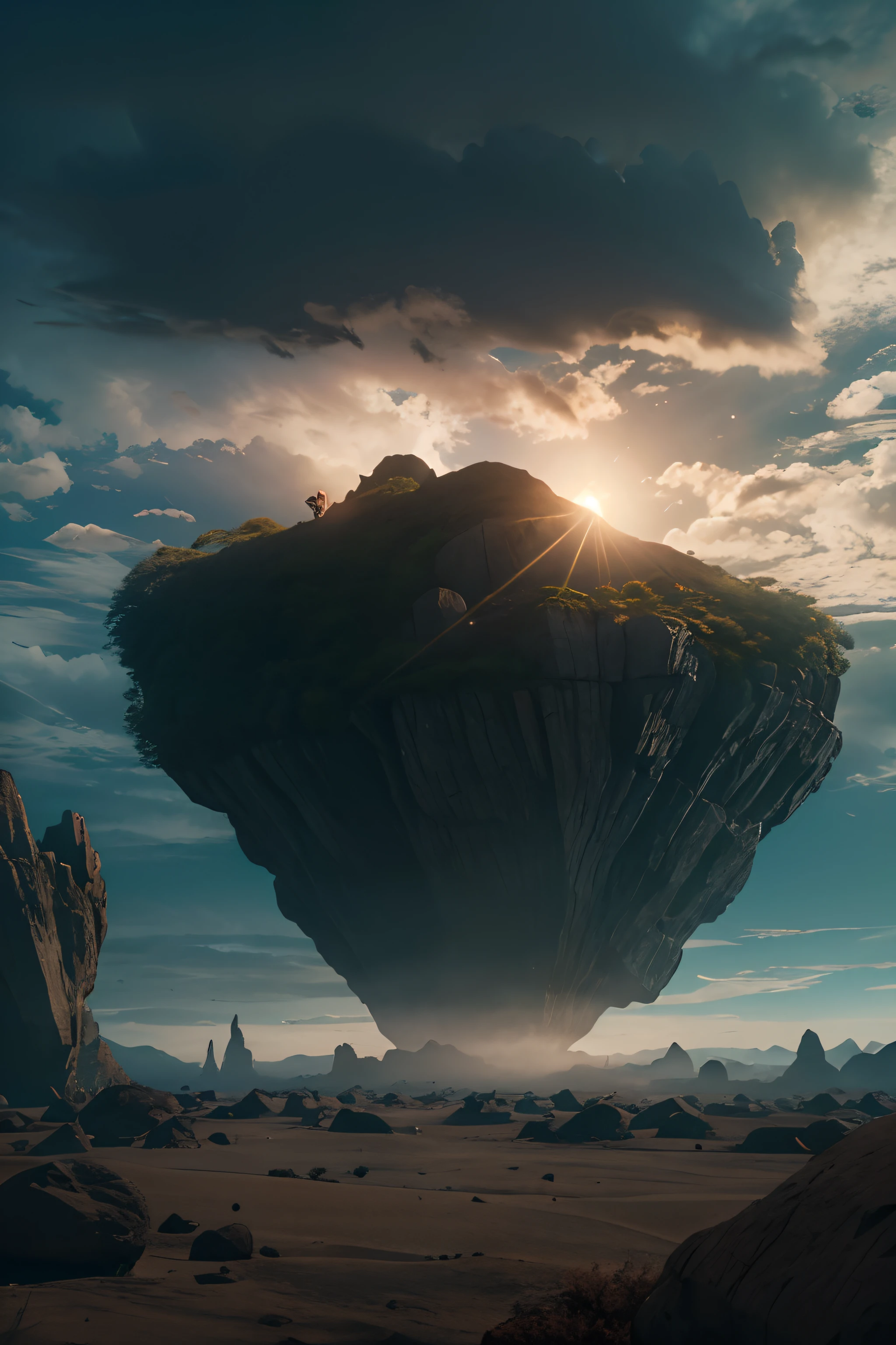 there is a large floating island rock in the sky, looming over a desert, floating island in the sky, realistic, cinematic, 35mm, (masterpiece：1.2), (best quality), 4K, Ultra-detailed, dawn, night, dark atmosphere, dawn, nighttime, the atmosphere is scary, view from below