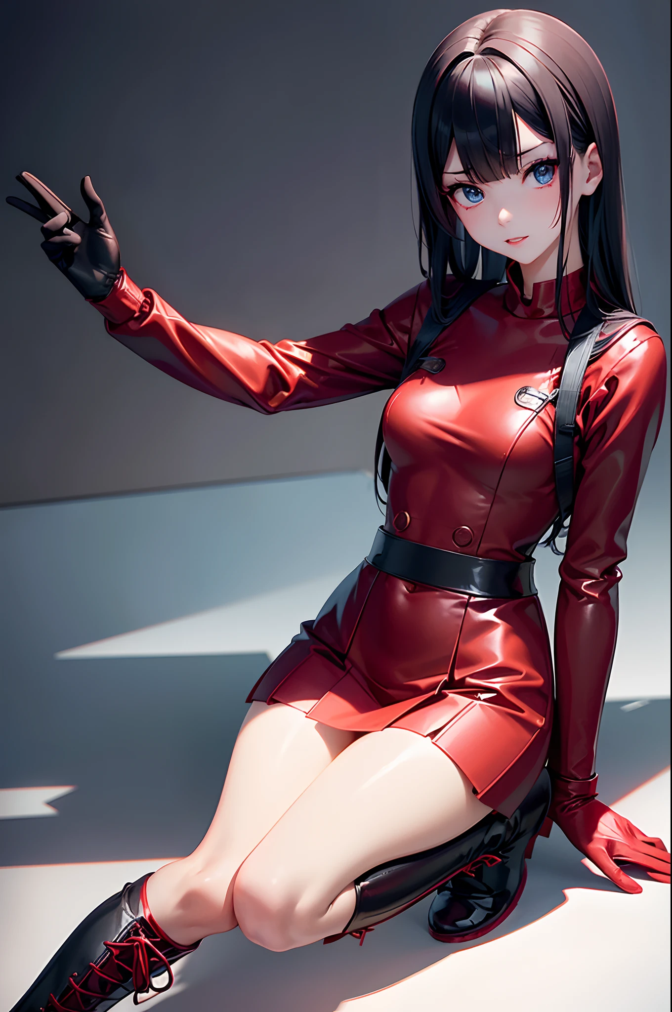 Wearing a red sailor suit, Wearing black latex gloves, Cute Japan girl face, Sanpaku's blue eyes, slender, The whole body is shown, A dark-haired, Medium long hairstyle, Wear lace-up boots, pale complexion, Red eyeliner, double tooth, Best Quality