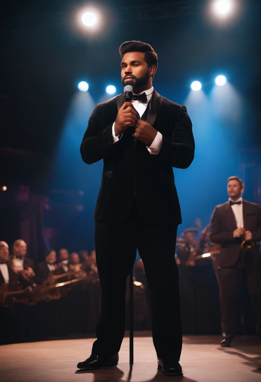 Human bear , brown skin , brown hair , blue eyes, black suit with an black bow tie , holding a mikrophone , standing on a stage