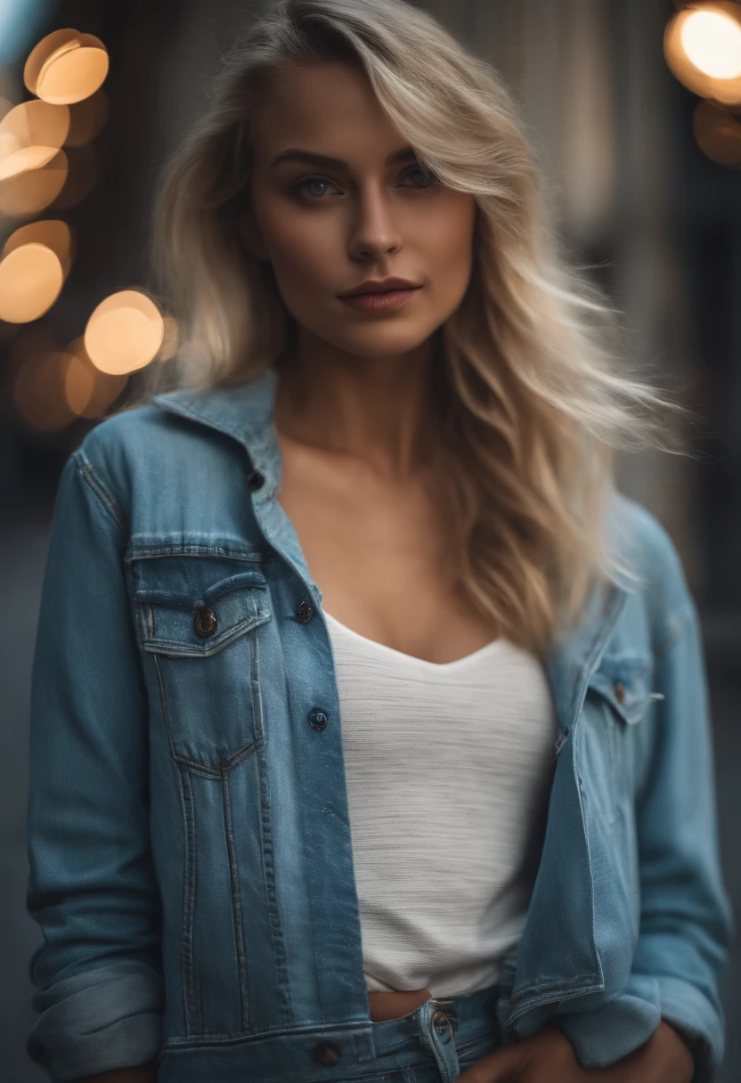 Cover photo of a 25-year-old European woman, pointing at camera, cheveux blonds, serious, (amazing skin detail: 1.4), (peau naturelle: 1.2), (Pores: 0.6), Makeup, (Detailed light blue eyes: 1.2), fond noir, fond ville, Light border, dark atmosphere, (Bokeh: 1.2), photographie, cinematic, photoreallistic, ultrarealistic, fille en forme, Silhouette parfaite, (gros sein),( crop top jean blanc )