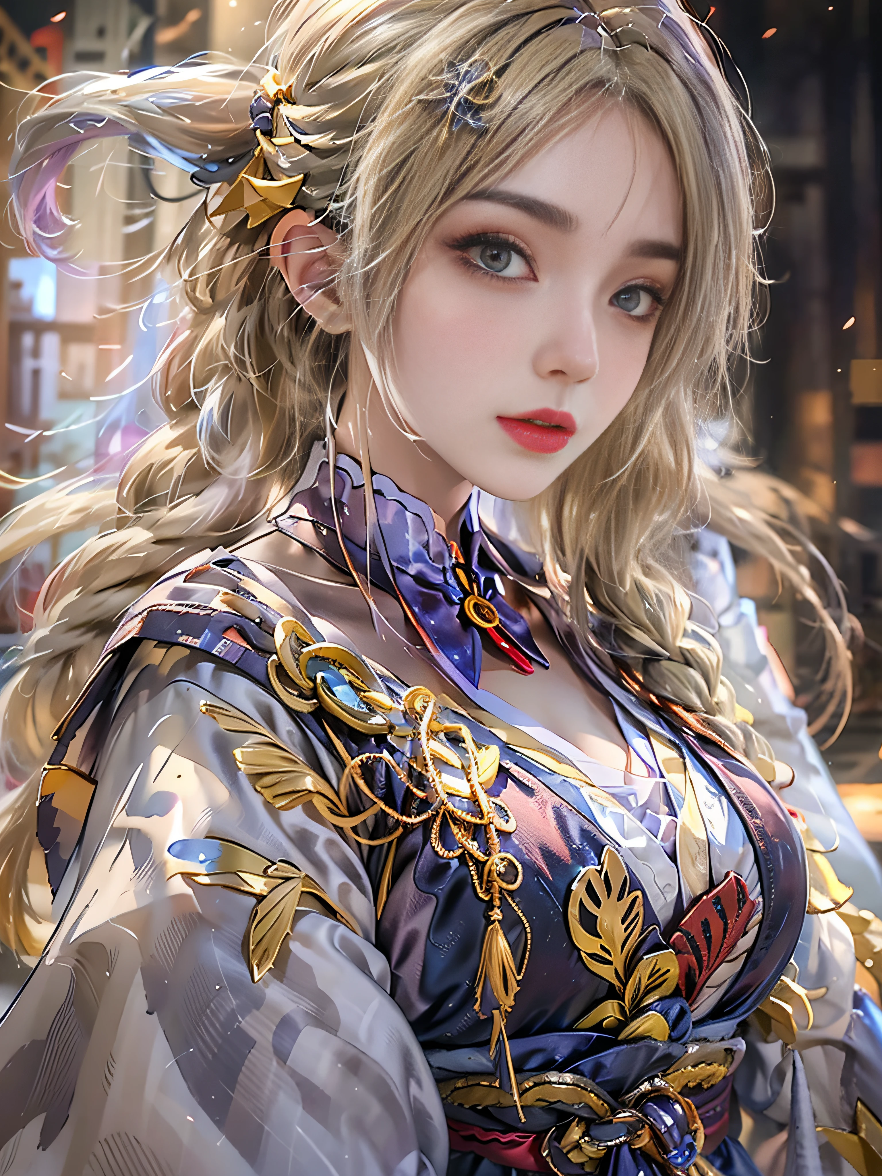 ((Jeizuo))),(((best qualit))),((ultra-detailliert)),(A hyper-realistic),(High Definition CG Illustration),Movie Light,Lifelike,, High resolution, 1人の女性, hips up high, Blonde hair, Blunt bangs, 1 braid, Wide sleeves, Hair Ornament, Beautiful eyes, huge udder, Moon General Costume、full body Esbian、A bell hangs on his chest High exposure