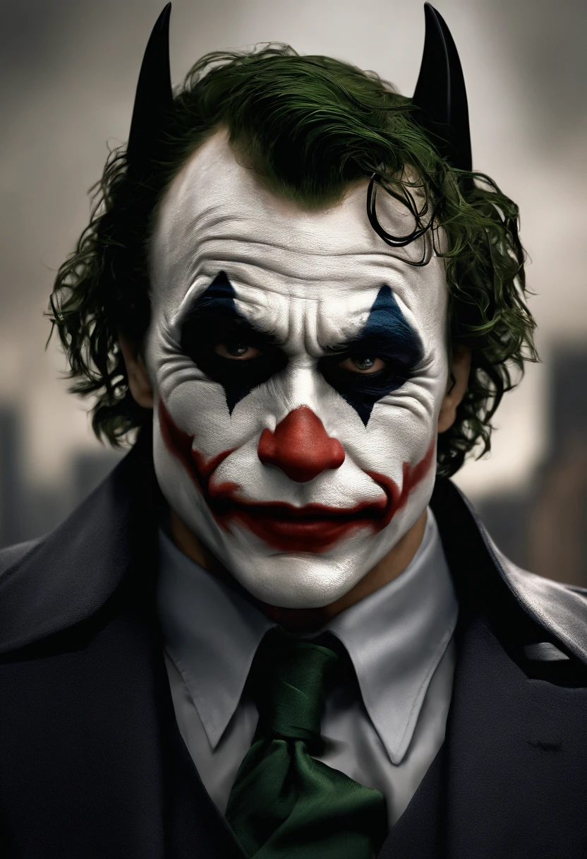 Dc, Velho Heath Ledger, coringa, sorriso assustador, Realistic, dynamic lights, velho, restolho, tiro completo, (muito detalhado CG unificado 8k wallpaper), trends on artstation, trends on CGsociety, High detail, foco nítido, Dramatic, Realidade Fotorrealista, no fundo gotham city toda destruida, pegando fogo.