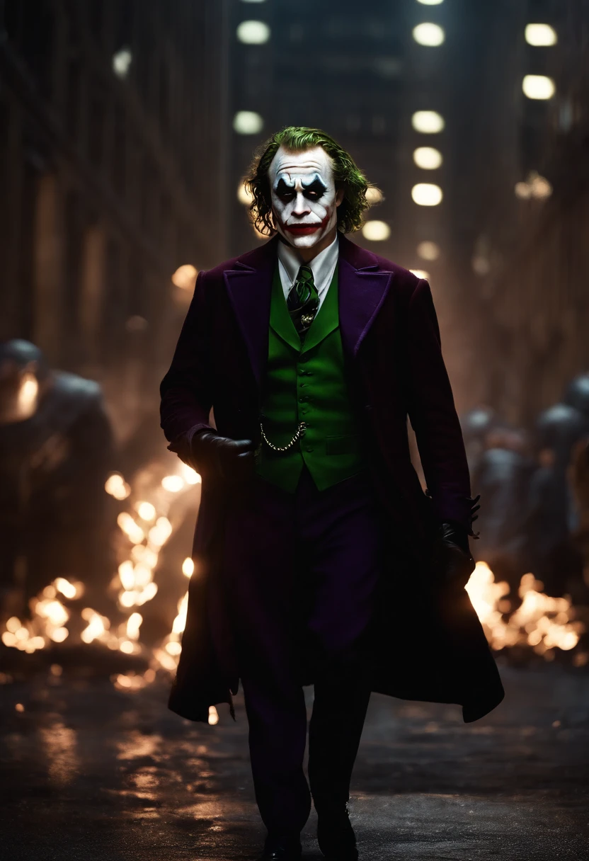 Dc, Velho Heath Ledger, coringa, sorriso assustador, Realistic, dynamic lights, velho, restolho, tiro completo, (muito detalhado CG unificado 8k wallpaper), trends on artstation, trends on CGsociety, High detail, foco nítido, Dramatic, Realidade Fotorrealista, no fundo gotham city toda destruida, pegando fogo.