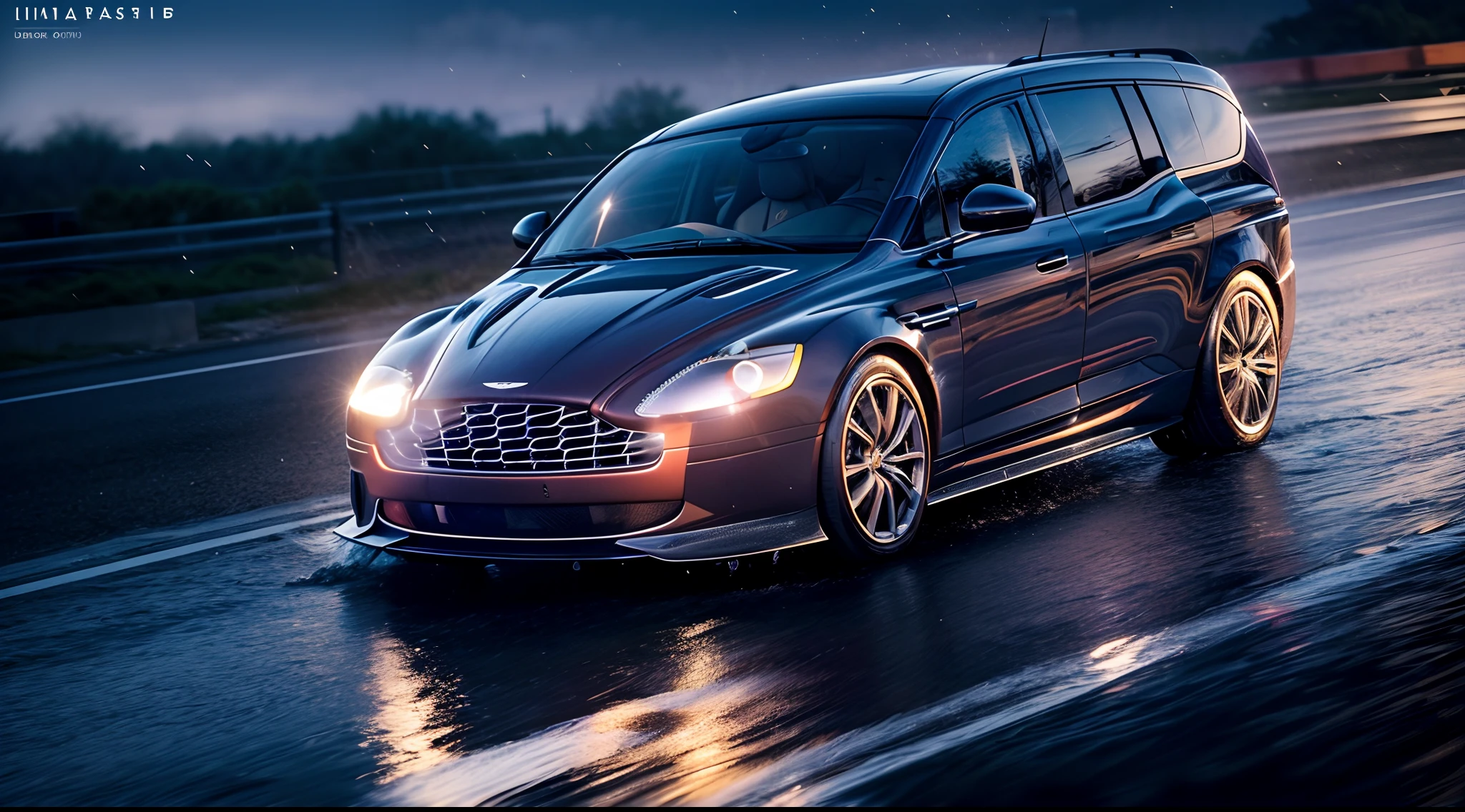 aston martinarafed image of a (aston martin minivan:1.4), (8k, RAW photo, best quality, masterpiece:1.2), (realistic, photo-realistic:1.37), (full body:1.3) (detailed), (highres), ultra realistic, hyperrealistic, high detail RAW color photo of (aston martin minivan:1.4), high angle shot front view aston martin minivan driving on a race track, stormy weather, (wet:1.2), (water dust:1.2), 8k uhd, high quality, motion blur, depth blur, cinematic, filmic image 4k, vibrant color, (reflections),(aston martin minivan) at night, lights, High Detail, Sharp focus, (photorealism), realistic, best quality, 8k, award winning, dramatic lighting, epic, cinematic, masterpiece, rim light, ambient fog:1.3, dutch angle, depth of field,8k uhd, high quality, motion blur, depth blur, cinematic, filmic image 4k, vibrant color, (reflections), racing,sponsors,livery, sponsored livery,lights turned on,motion blur,closeup,commercial photography,(very dark:1.1, underexposed:1.1)