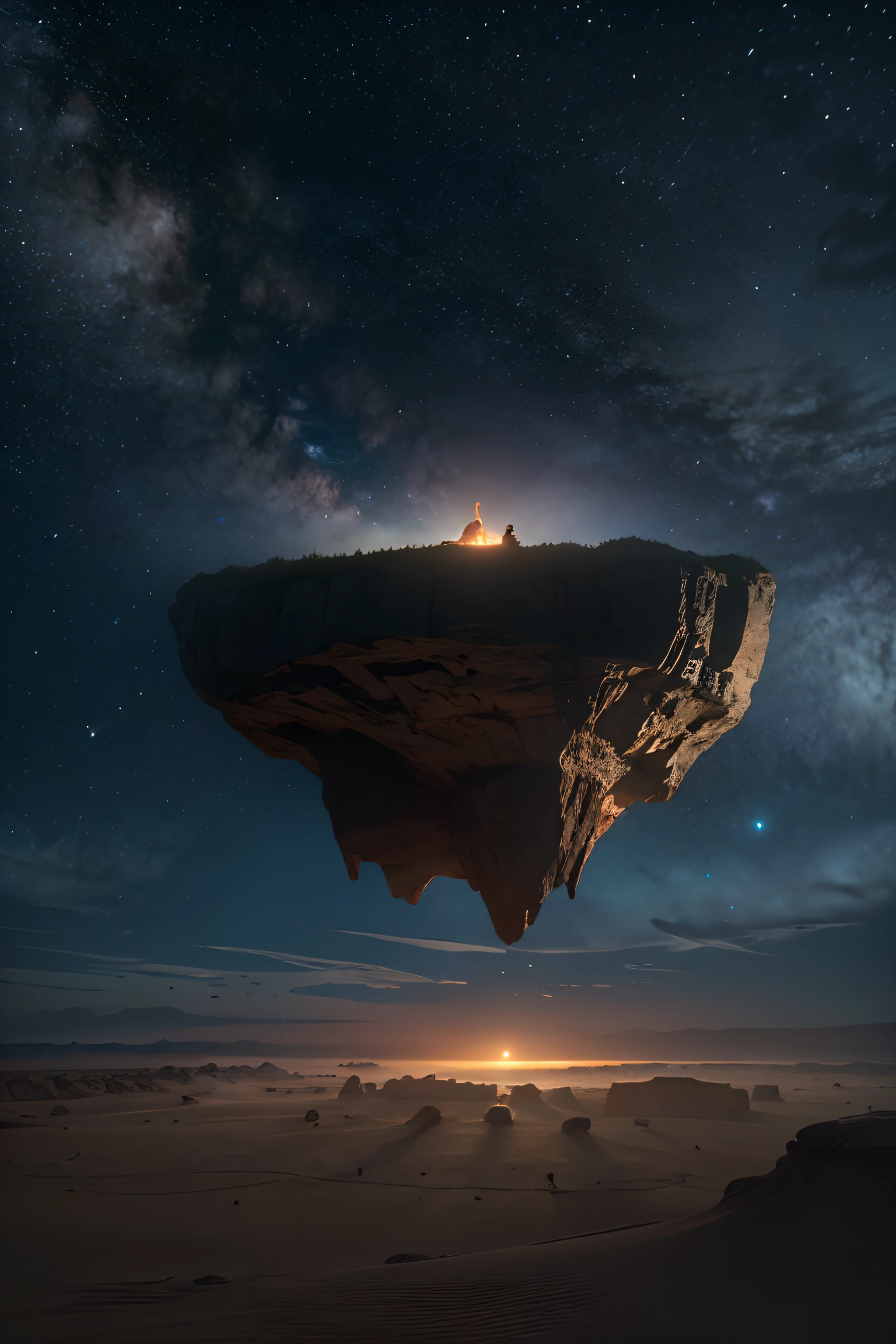 there is a large floating island rock in the sky, looming over a desert, floating island in the sky, realistic, cinematic, 35mm, (masterpiece:1.2), (best quality), 4K, Ultra-detailed, dawn, night, dark atmosphere, dawn, nighttime, the atmosphere is scary, view from below, (stars)