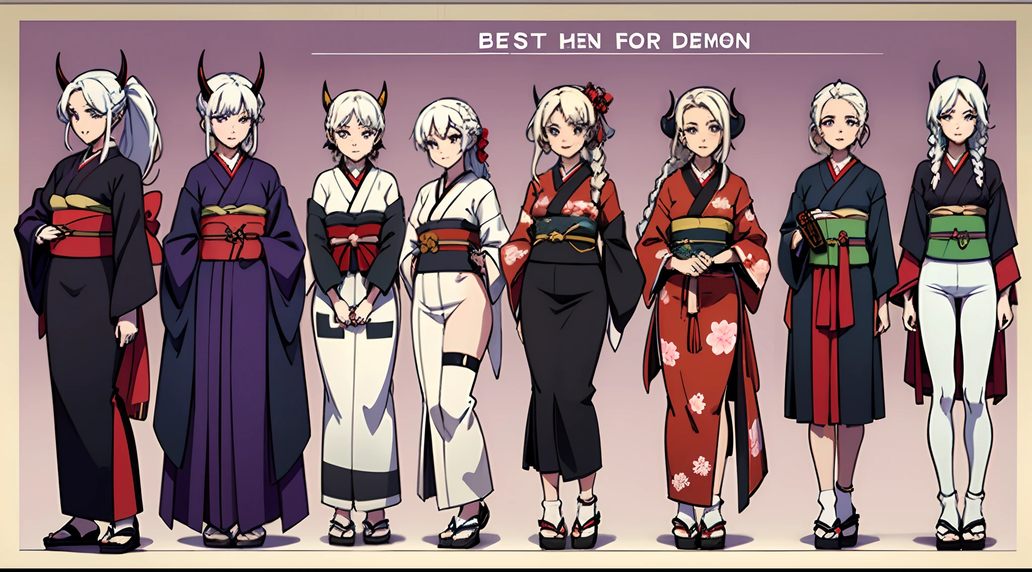 (Masterpiece, best quality), detailed, character sheet, many items (the same person, black demon horns, japanese kimono, stockings, hand fan, japanese shoes, many parts), detailed beautiful purple eyes, detailed face, laugch face, smiling face, expressions, small boobs, B cup, white hair and white skin, braided ponytail, full of details.