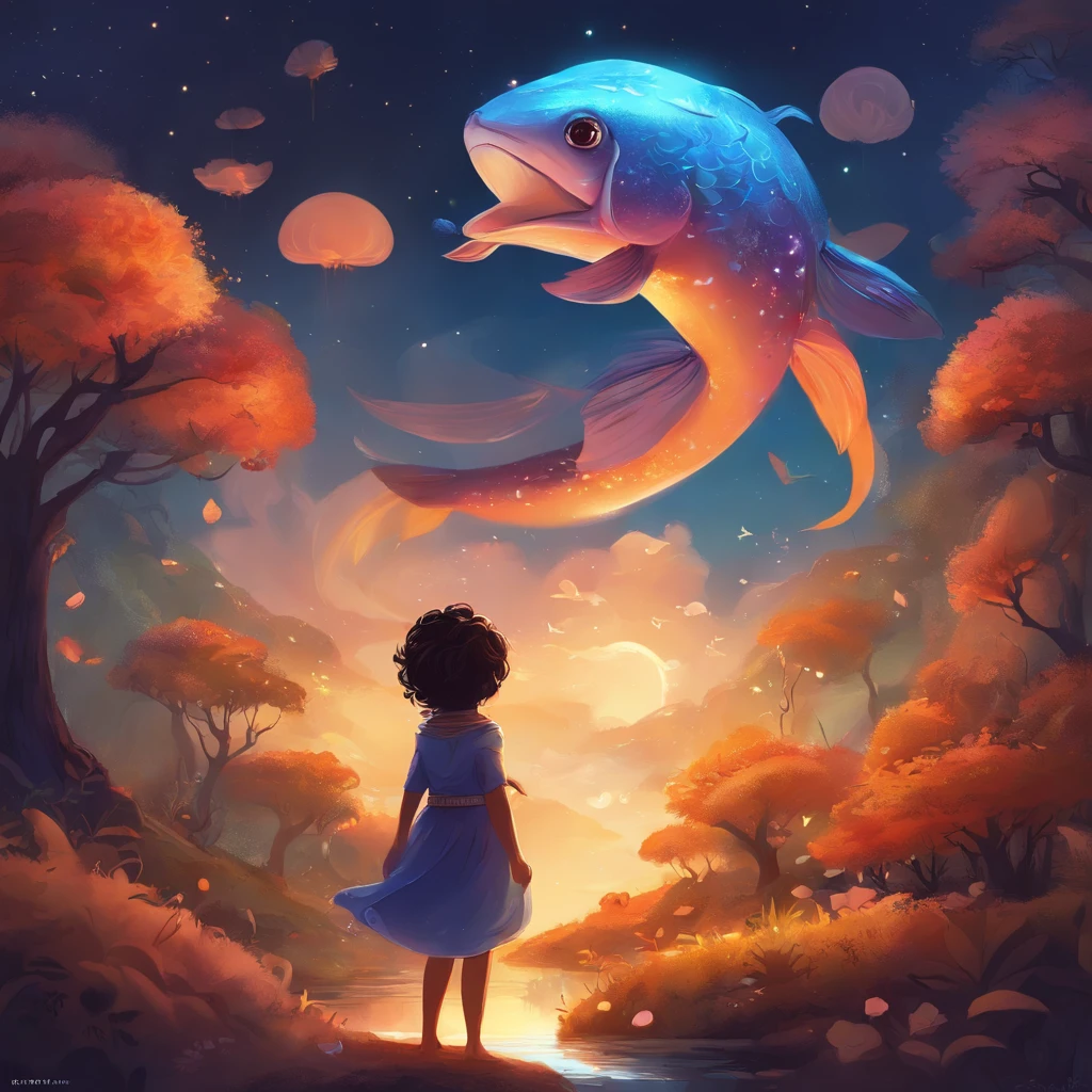 havia um peixinho fofo com grandes olhos redondos e um sorriso contagiante, cor dourado ,a beautiful artwork illustration, , adorable digital art, 🍁 fofo, in illustration style digital, cena quente e bonita, cute illustration, arte digital detalhada bonito, Cyril Rolando e Goro Fujita, ao estilo de Cyril Rolando,