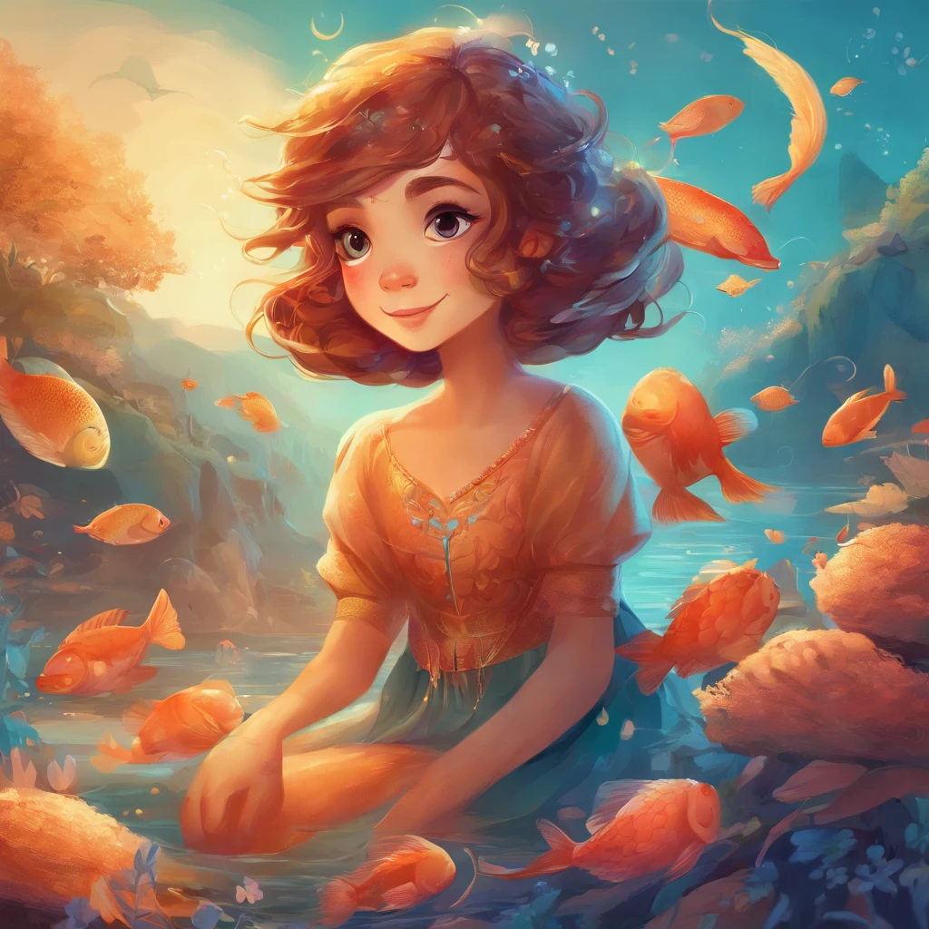 havia um peixinho fofo com grandes olhos redondos e um sorriso contagiante, cor dourado ,a beautiful artwork illustration, , adorable digital art, 🍁 fofo, in illustration style digital, cena quente e bonita, cute illustration, arte digital detalhada bonito, Cyril Rolando e Goro Fujita, ao estilo de Cyril Rolando,
