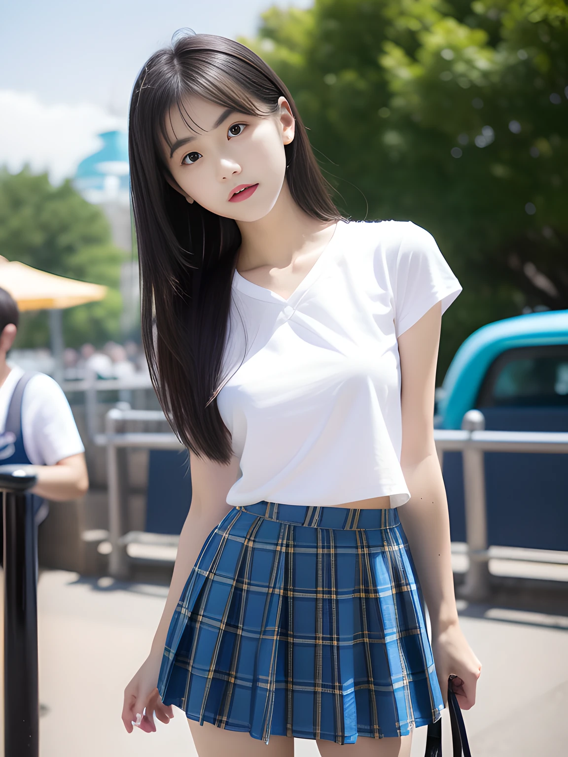 年轻，(pleatedskirt，Blue plaid mini skirt)，White T-shirt without sleeves，teens girl，Delicate body，petite body，small tits，tiny chest，A dark-haired，Very Longhair，An amusement park，((tthin eyebrows))