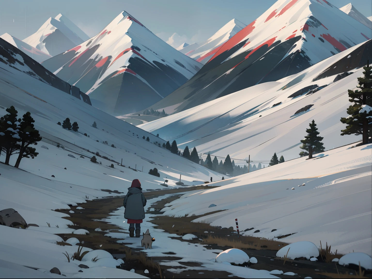 Tormenta de nieve en Groenlandia, viento, snow of different sizes, snow mountains, picos pronunciados, abajo un trineo de perros avanzando, estilo comic, Renderizado 3D, Dibujos animados, Detallado, 4K, HD, Alta calidad, Tiempo gris y lluvioso