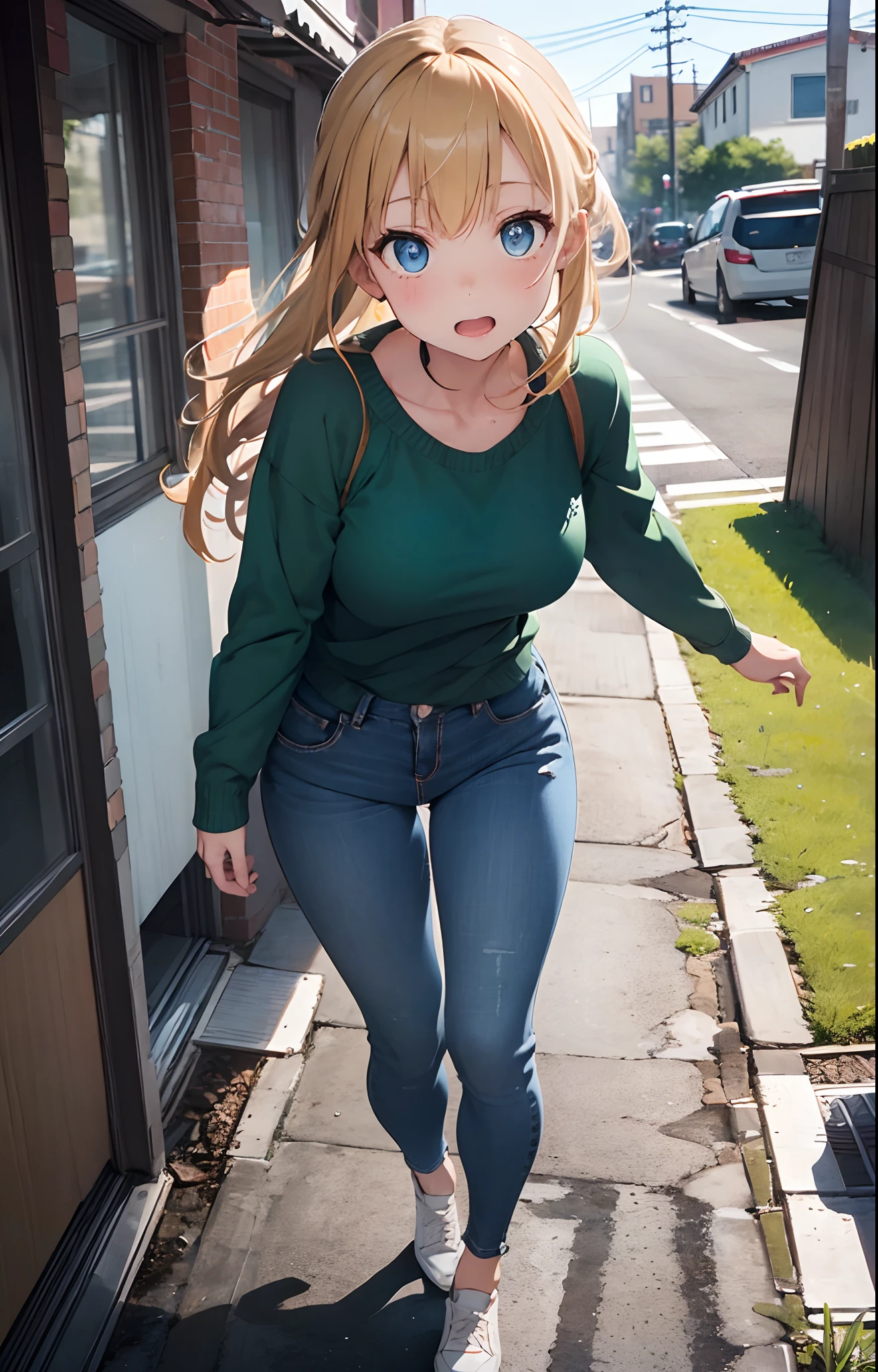 raw photo, realistic, photo realistic, masterpiece, extremery magnificent view, perspective, extremery best quality, extremery detailed CG, 8k wallpaper, high resolution, highly detailed face, highly detailed eyes, perfect anatomy, super detailed skin, wet, wet pants,
(dynamic angle, dynamic pose:1.2), outdoors, infront of cafeteria, (portrait, legs focus, full body), (beautiful face, beautiful eyes, beautiful legs:1.3), scandinavian woman in green shirt and jeans pants, full body close-up shot, close up half body shot, full body shot close up, waist - shot, middle shot waist up, zoomed out full body, half body cropping, wearing a green sweater, close up to a skinny, close full body shot, blonde hair, blue eyes,