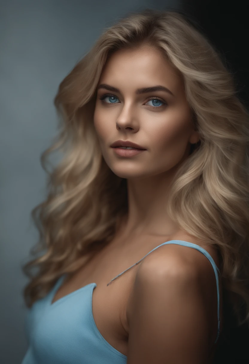 Front photo of a 25-year-old European woman, pointing at camera, cheveux blonds, serious, (amazing skin detail: 1.4), (peau naturelle: 1.2), (Pores: 0.6), Makeup, (Detailed light blue eyes: 1.2), fond noir, studio, Light border, dark atmosphere, (Bokeh: 1.2), photographie, cinematic, photoreallistic, ultrarealistic, fille en forme, tenue moulante, Silhouette parfaite, (gros sein)
