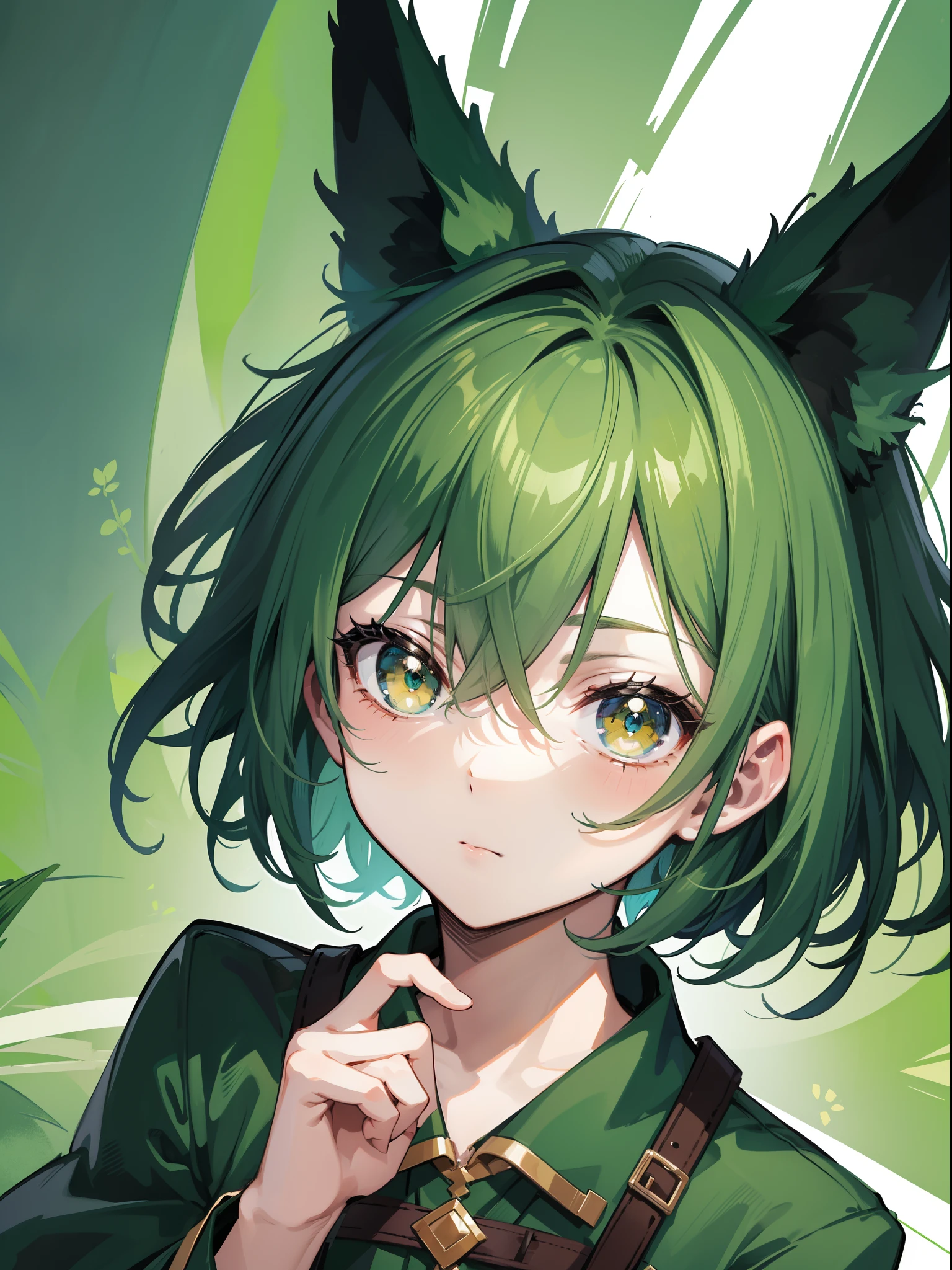 character portrait closeup,sketching,.tchibi, Green hair,Dark green pupils, tilts your head,avatar close up,Green forest background,Detailed facial depiction,small,short detailed hair,Boy combs hair,Libido boy,Fine face