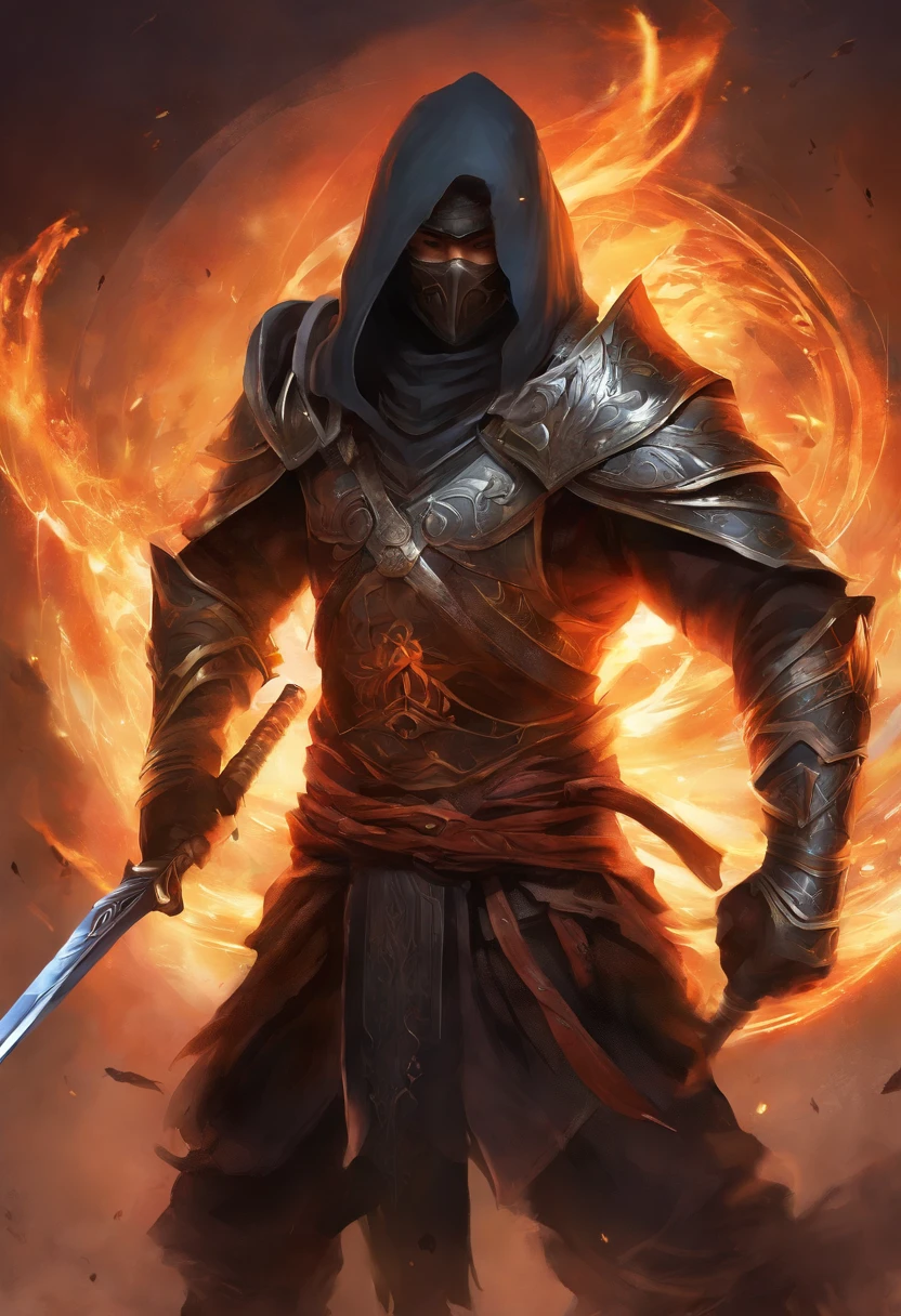 Homem ninja, roupas cinzas, rasgou as mangas da camisa, usando faixa preta, Saint seya leg amors, Sub-zero mask, olhos brancos, cicatriz no olho esquerdo, cabelos pretos, Serious expression, corpo muscular, holding a katana in one hand and making fire in the other