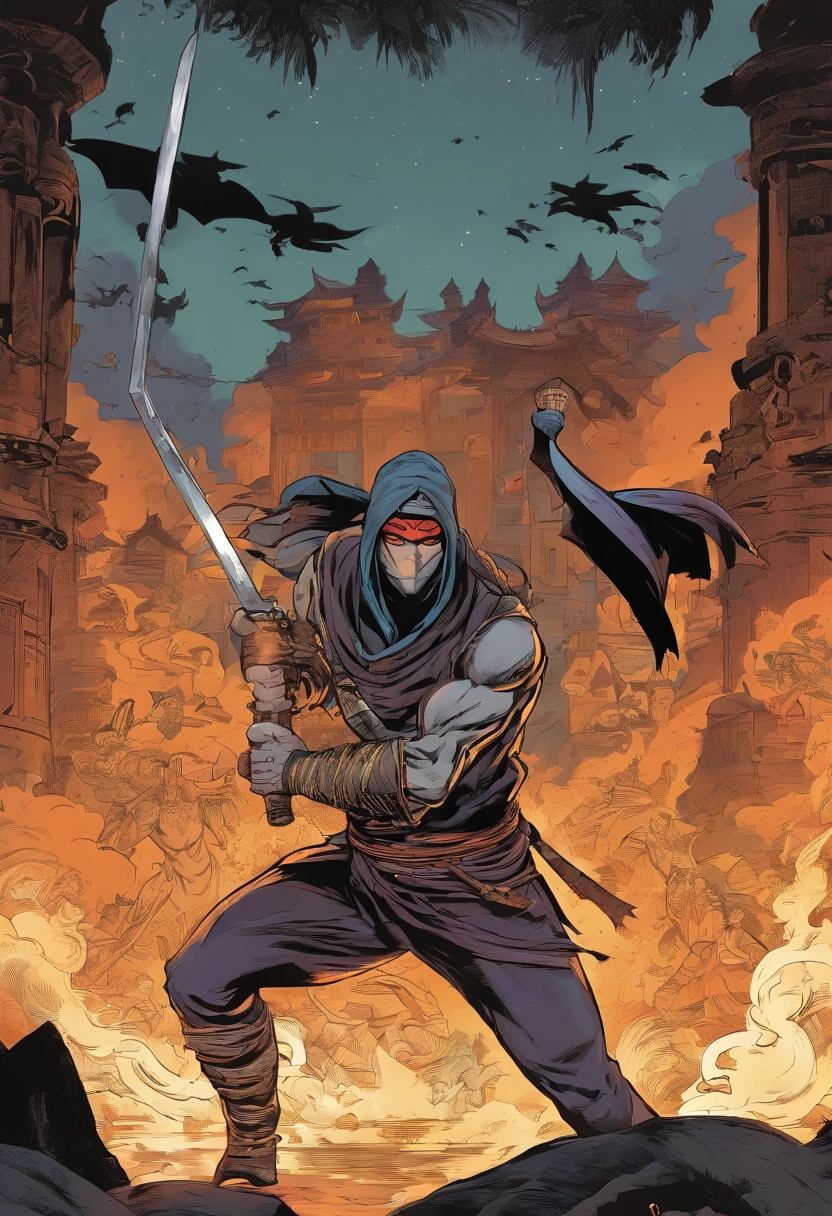 Homem ninja, roupas cinzas, rasgou as mangas da camisa, usando faixa preta, Saint seya leg amors, Sub-zero mask, olhos brancos, cicatriz no olho esquerdo, cabelos pretos, Serious expression, corpo muscular, holding a katana in one hand and making fire in the other