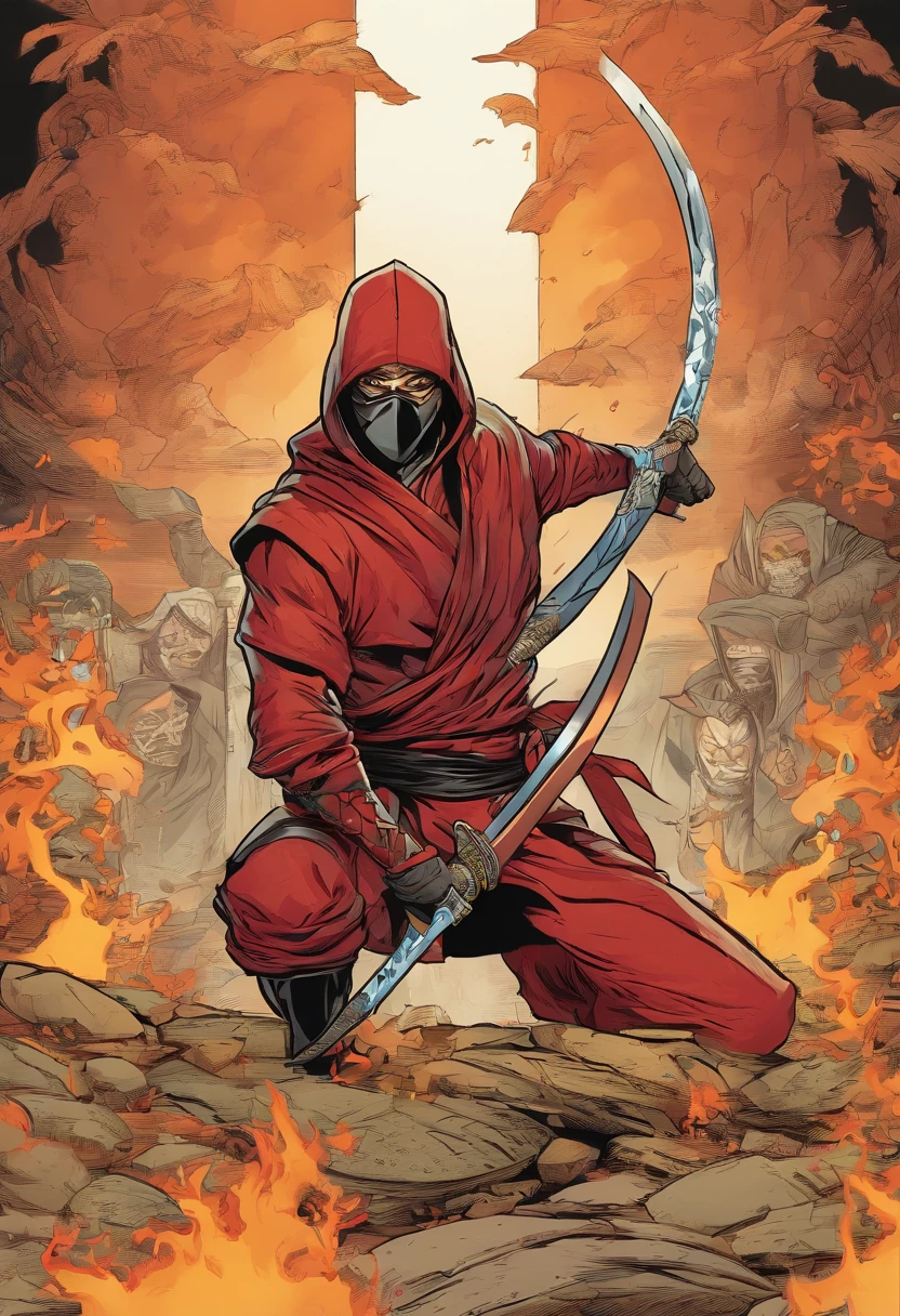 Homem ninja, roupas cinzas, rasgou as mangas da camisa, usando faixa preta, Saint seya leg amors, Sub-zero mask, olhos brancos, cicatriz no olho esquerdo, cabelos pretos, Serious expression, corpo muscular, holding a katana in one hand and making fire in the other