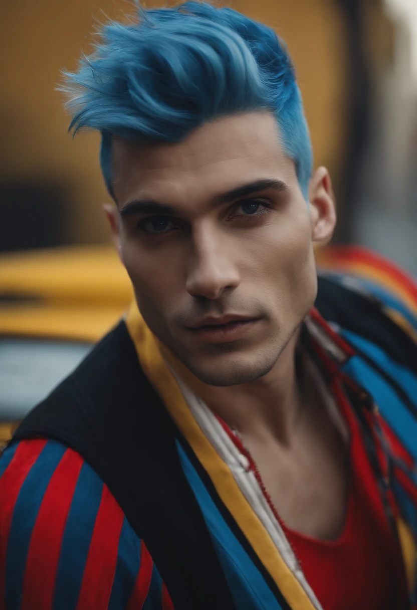 Human man , blue hair , black eyes , red marking in the face , wairing a white t-shirt with red and yellow stripes, wairing a blue jacket wuth red and yellow stripes, black pants with red and yellow stripes, wairing blue shoes with red and yellow stripes