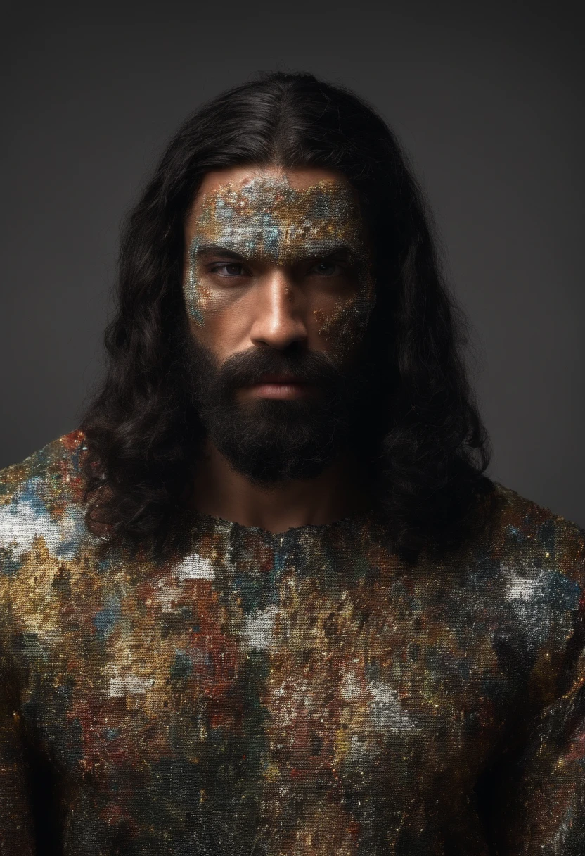 (simetria), centrado, um ((close)) retrato acima, (Jesus), um homem negro muito fino,africano, com cabelo longo e barba, vestindo um longo manto branco, 35mm, pele natural, detalhe da roupa, textura 8k, 8k, detalhes insanos, detalhes intrincados, hiperdetalhadoaltamente detalhado, realista, soft Cinematic Light, HDR, foco nítido, ((((cinematic look))), intrincado, elegante, altamente detalhado