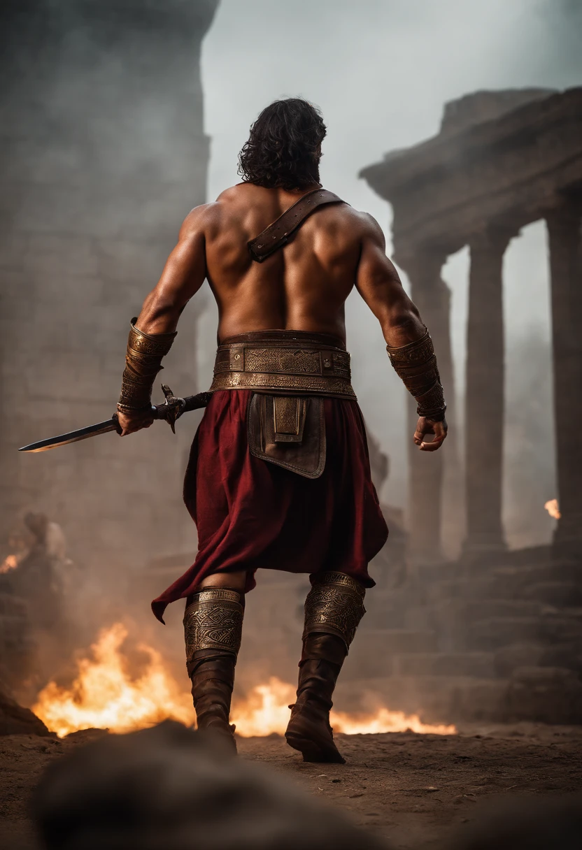 a photo of a back of a muscular man standing on a pile of dead bodies with fire and chaos in fornt of him with his head bowed down and a sword in his hand