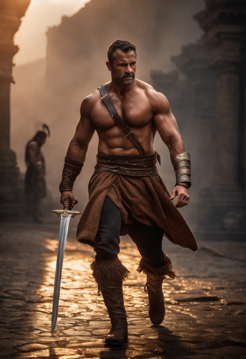 masterpiece, detailed, intricate, epic fantasy, colorful, full body, slight angle, man, 40 years old, hulking, brawny, fitted, ankle wraps, very hairy torso, big strong hands, fine detailed, running, intense action, dynamic juxtaposition, skimpy revealing slavery outfit, receding hairline, smirk, gladiator, with a sword, blades, big ancient city on fire in the background, heavy rain, smoggy, pointing away, depth of field, particle effects, high quality shadows, intense action