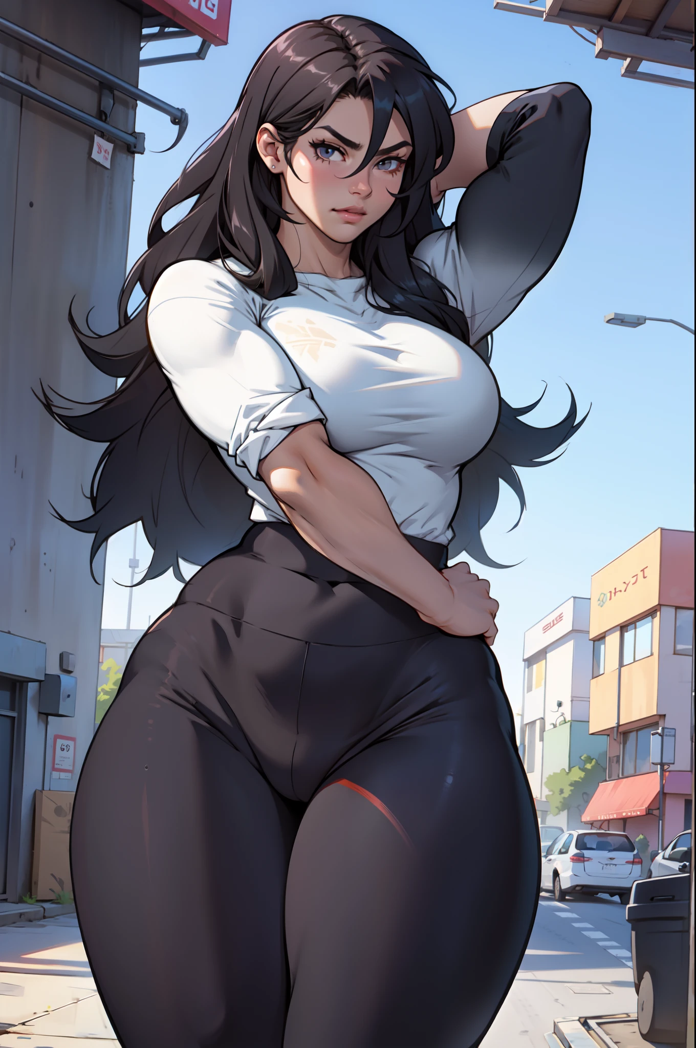 extremely long hair perfect anatomy 1 girl tall solo curvy (muscular) tight shirt leggings cowboy shot