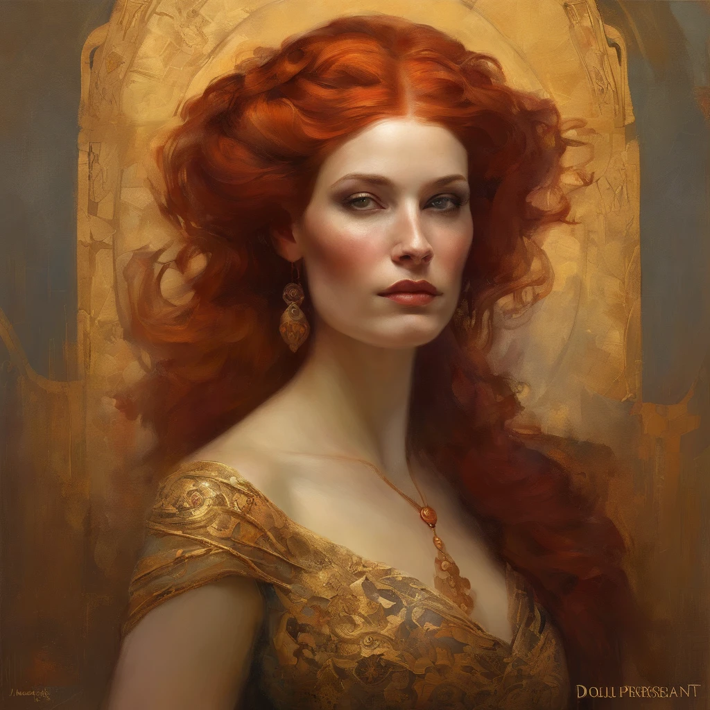 Painting of a red-haired woman with makeup from the Day of the Dead and a golden dress, Mucha Klimt et Tom Bagshaw, Craig Mullins Alphonse Mucha, Alphonse Mucha et Craig Mullins, Beeple et Alphonse Mucha, Tom Bagshaw Donato Giancola, Krenzcushart, inspired by James C. Christensen, Beaucoup. art nouveau. Gloomhaven