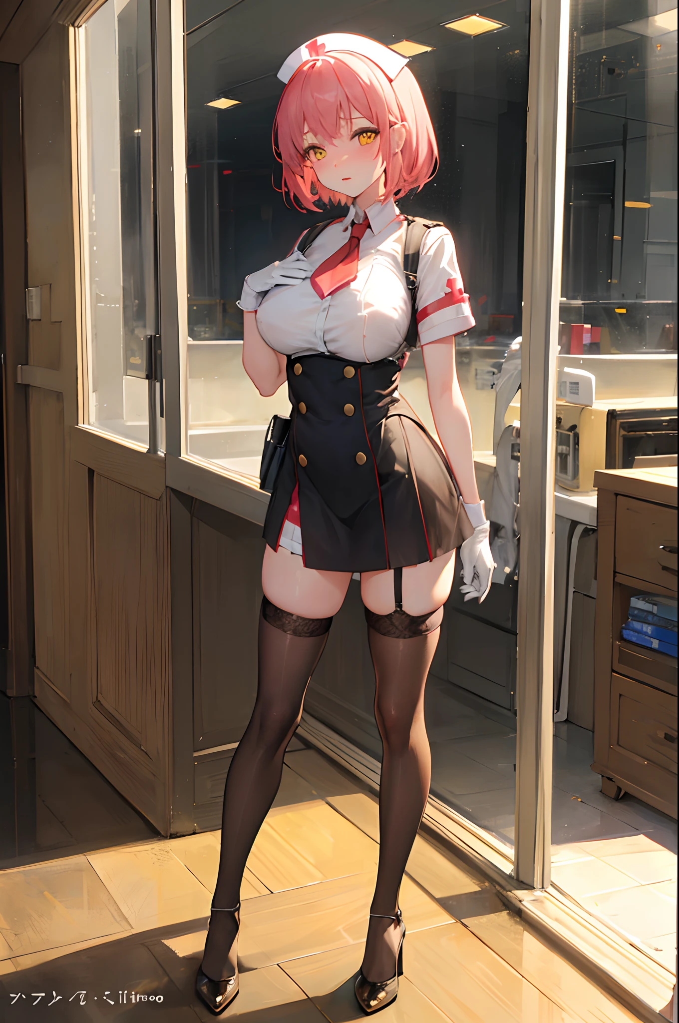 Nurse outfit, masterpiece, highly detailed, ultra detailed, best quality, highest quality, anime, girl, shy, embarrassed expression, short white hair, hugebreasts, blushing, highly detailed background, thin, white gloves, yellow eyes, (office background), (high quality background:1.4), (highly detailed clothes:1.4), (detailed face and eyes:1.2), (spread legs), (standing), (in the window with a city background), smooth legs, fishnet stockings, high heels, (exposed breast), protruding nipples.