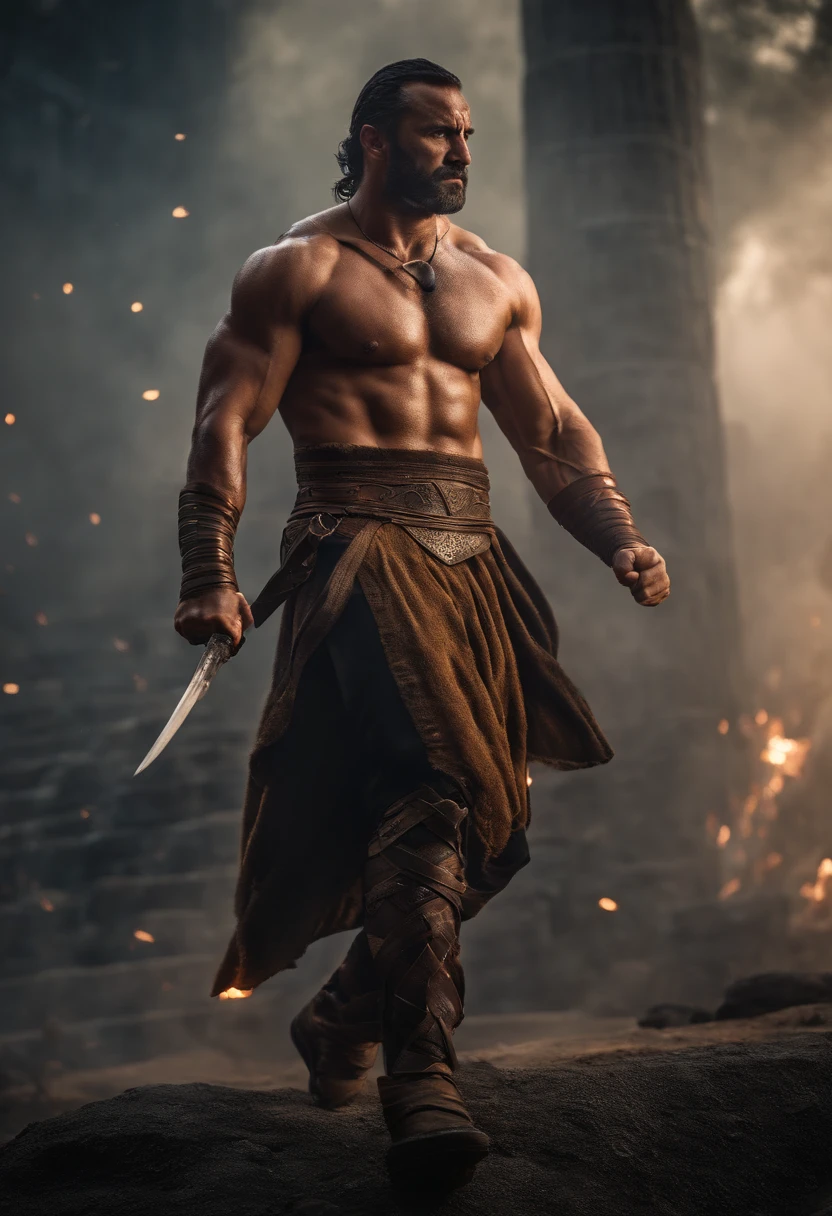 masterpiece, detailed, intricate, epic fantasy, colorful, full body, slight angle, man, 40 years old, hulking, brawny, fitted, ankle wraps, very hairy torso, big strong hands, fine detailed, running, intense action, dynamic juxtaposition, skimpy revealing slavery outfit, receding hairline, smirk, gladiator, with a sword, blades, big ancient city on fire in the background, heavy rain, smoggy, pointing away, depth of field, particle effects, high quality shadows, intense action