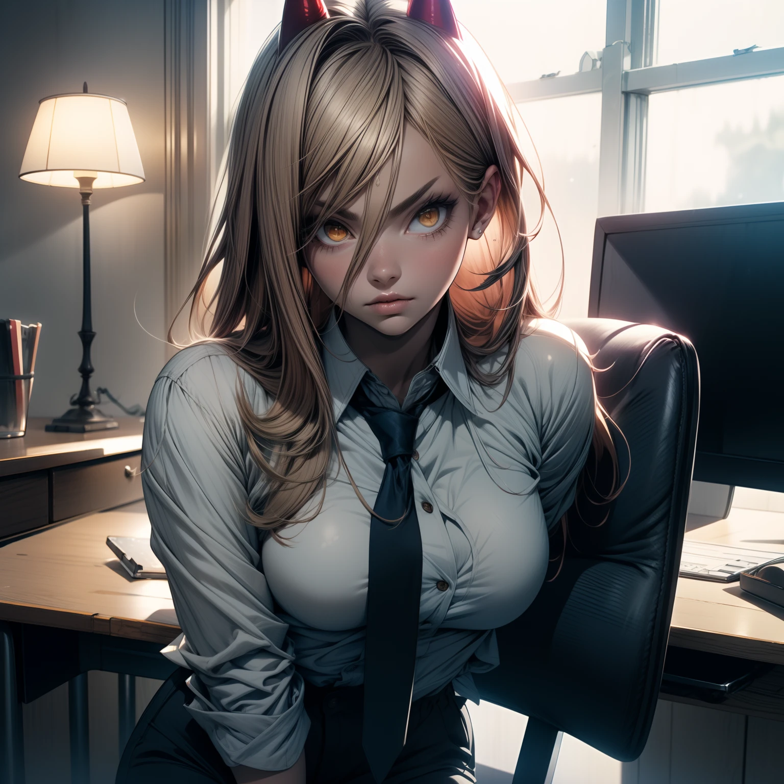 blonde hair, yellow eyes, cross-shaped pupils, symbol-shaped pupils, red horns, white buttoned shirt, black necktie, Power from chainsaw man, there is a desk in a room with a window and a lamp, Power is sitting at the chair next to the desk, glistening yellow eyes, detailed face, soft lips, soft skin, extremely detailed face, perfect quality, wet skin and hair, medium soft breasts, red hair, fashion realistic, high-definition sysie details, photography , sharpness, unique 850 4, f1.6 lens, rich colors, super realistic texture, spectacular texture, surreal art, Cinestil 800 fashion mechanism, moody, straight hair, Power from chainsaw man hair style, white shirt, navy colored cardigan, black pants, moody colors, sexy girl, perfect body, sexy body, sexy look