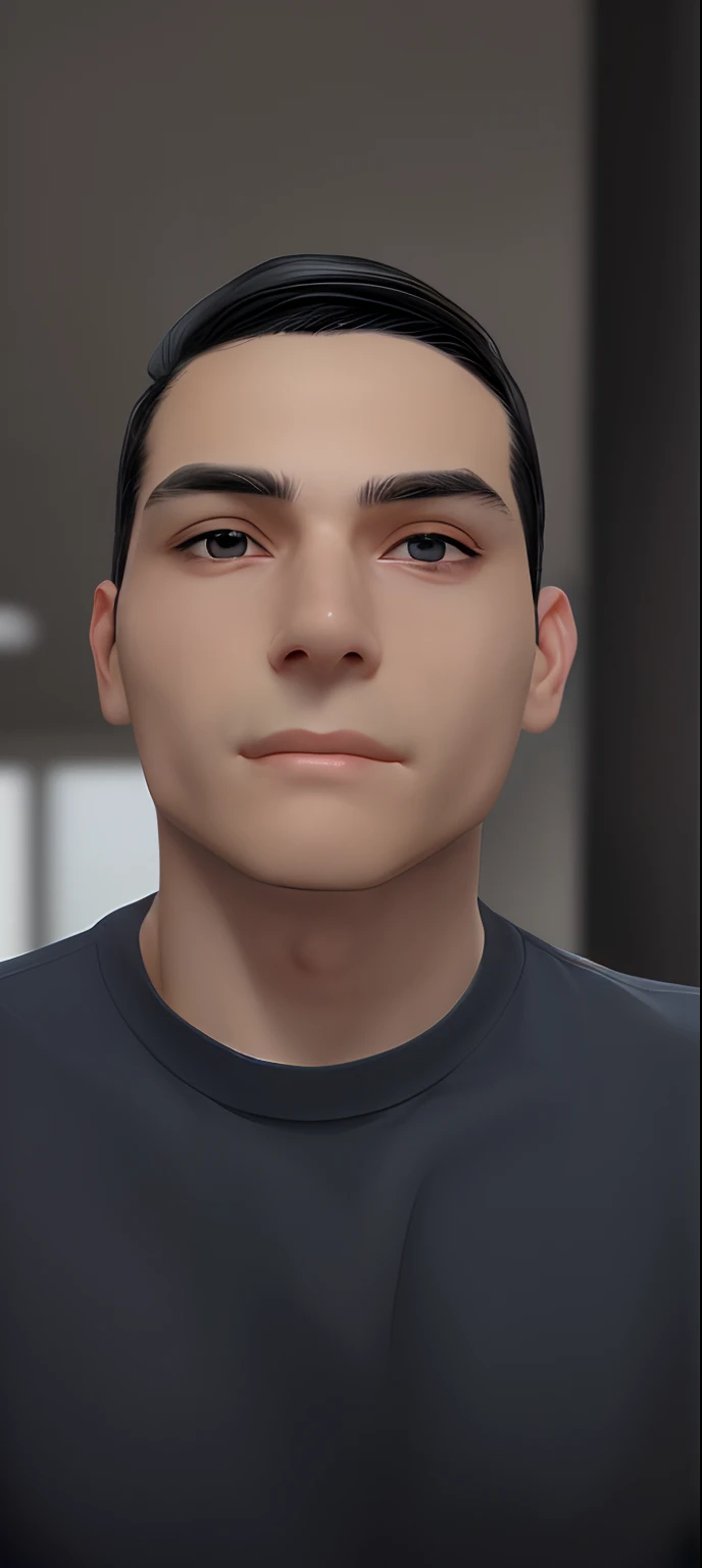 a young man, fair skin, black eyes, well-kept black hair, wearing a blue shirt, looking at the camera, no accessories, no wrinkles on his face, perfect, masterpiece, best quality