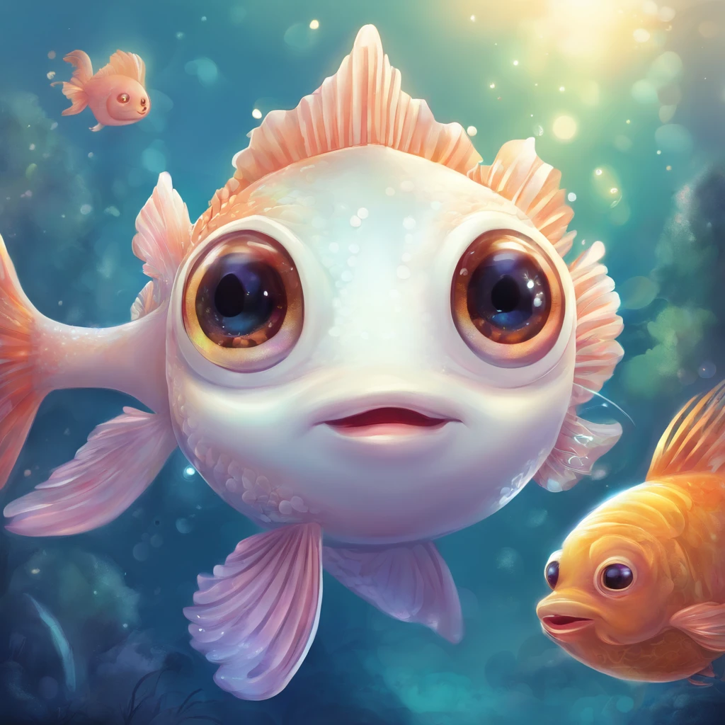 A cute little fish with big round eyes and an infectious smile with various expressions and white background