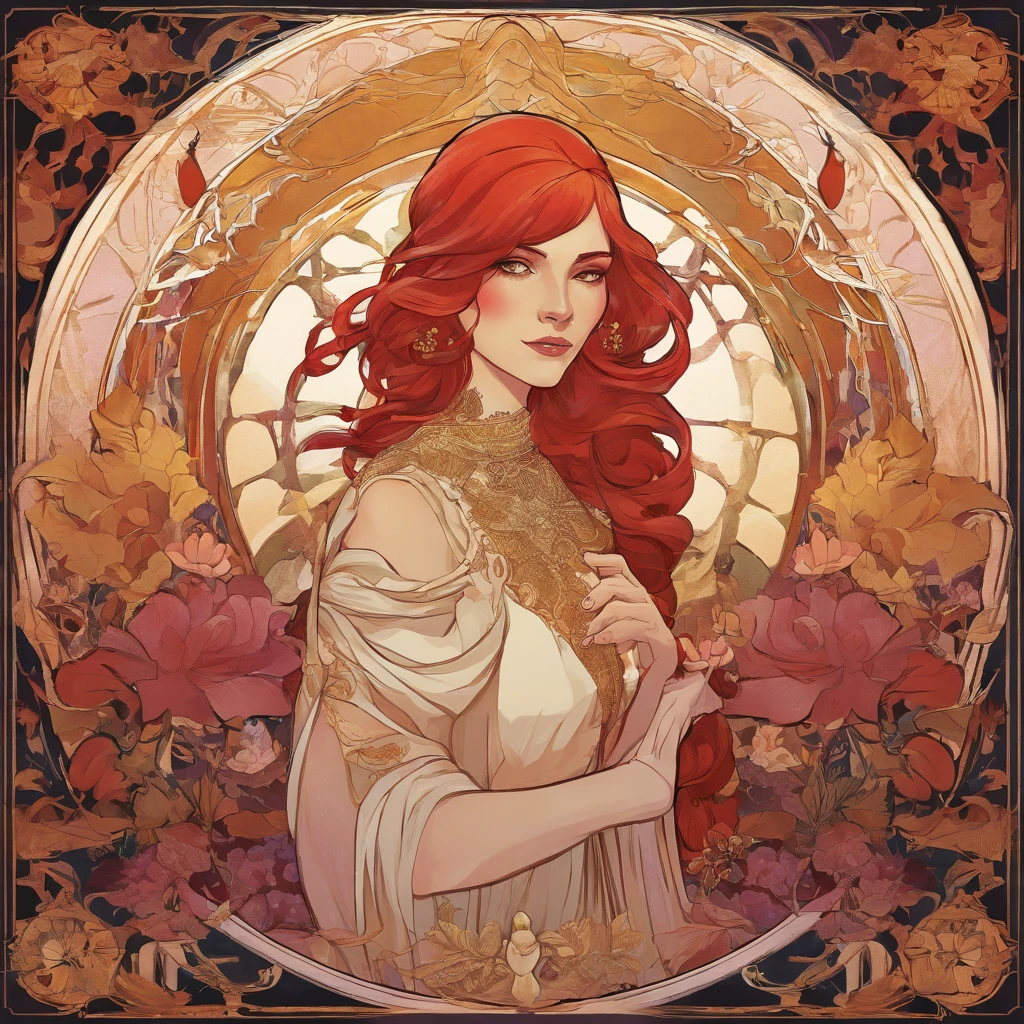 Painting of a red-haired woman with Day of the Dead makeup and a golden dress, Mucha Klimt et Tom Bagshaw, Craig Mullins Alphonse Mucha, Alphonse Mucha et Craig Mullins, Beeple et Alphonse Mucha, Tom Bagshaw Donato Giancola, Krenzcushart, inspired by James C. Christensen, Beaucoup. art nouveau. Gloomhaven