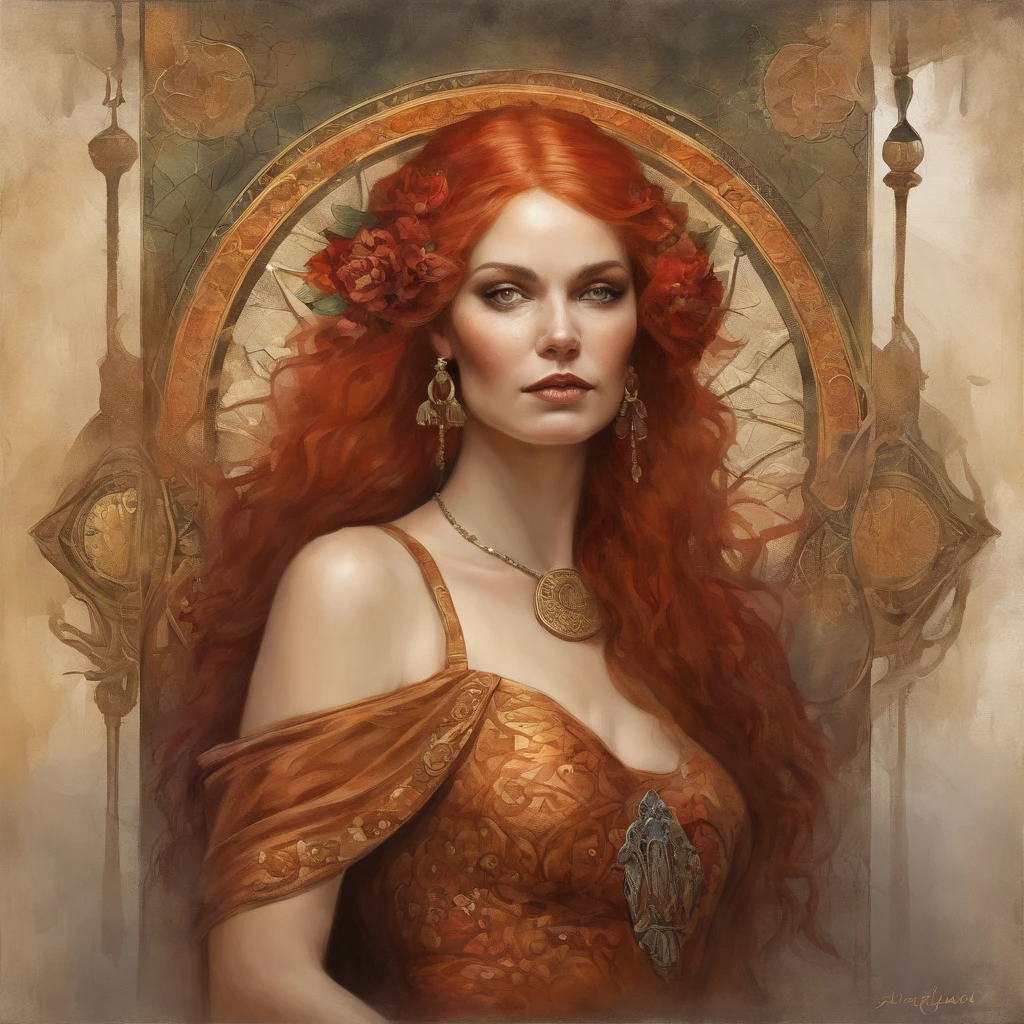 Painting of a red-haired woman with makeup from the Day of the Dead and a golden dress, Mucha Klimt et Tom Bagshaw, Craig Mullins Alphonse Mucha, Alphonse Mucha et Craig Mullins, Beeple et Alphonse Mucha, Tom Bagshaw Donato Giancola, Krenzcushart, inspired by James C. Christensen, Beaucoup. art nouveau. Gloomhaven