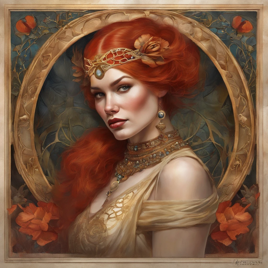 painting of a woman with red hair and gold jewelry, red haired goddess, gustav klimt 4 k, gustav klimt 4k, mucha klimt and tom bagshaw, inspired by James C. Christensen, karol bak uhd, inspired by Victor Nizovtsev, gorgeous digital art, portrait of princess merida, exquisite digital illustration