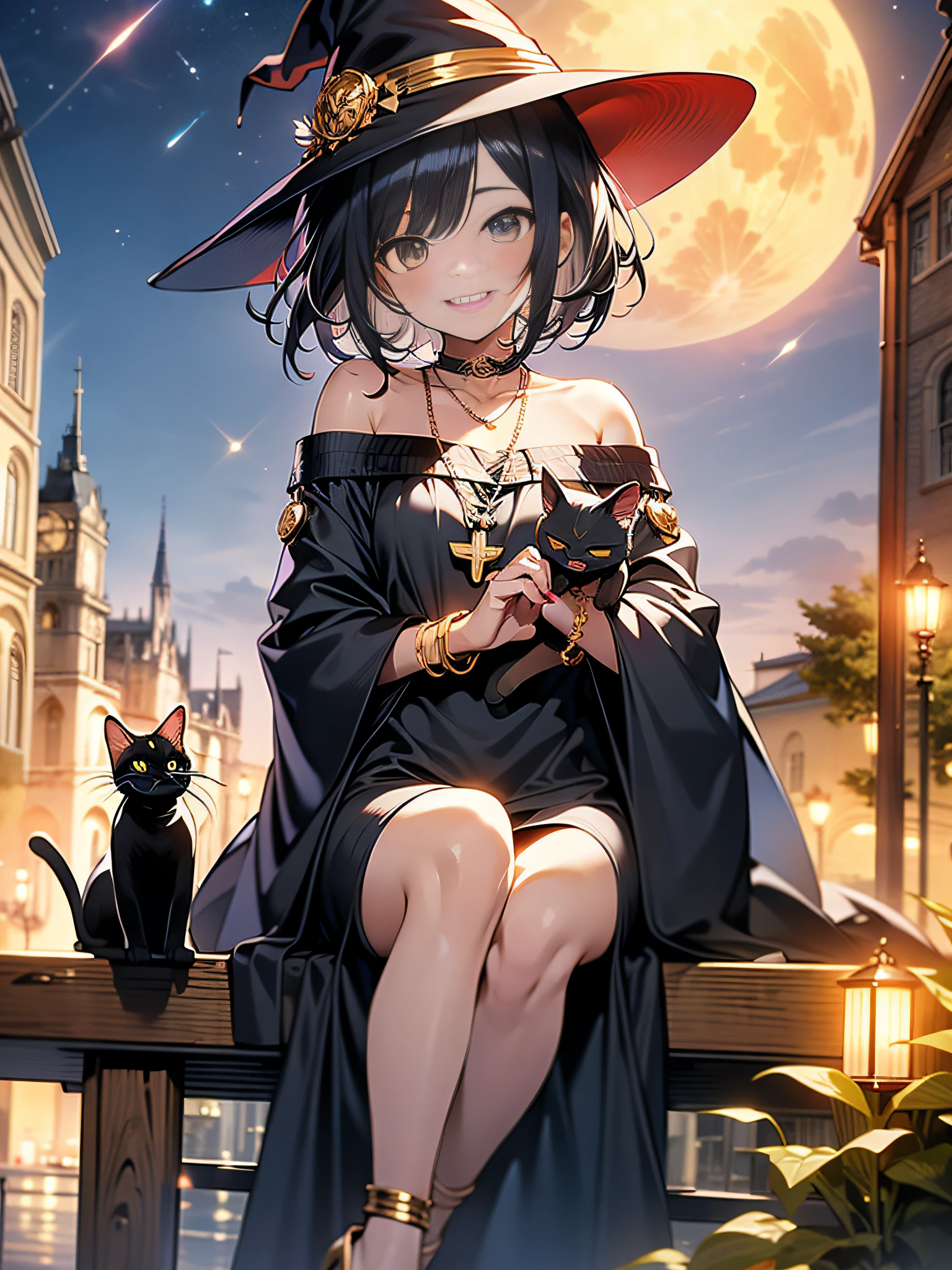 in 8K、top-quality、​masterpiece、ultra-detailliert、Ultra-high resolution、Anime style、One Witch、witch's hat、Sit on the roof、Holding a black cat、natta、fullmoon、a short bob、makeup、eyeshadows、red lipsticks、Black Dress、a necklace、Gold Bracelet、Gold Anklet、red nail polish、Red high heels、Red face、Smile bewitchingly